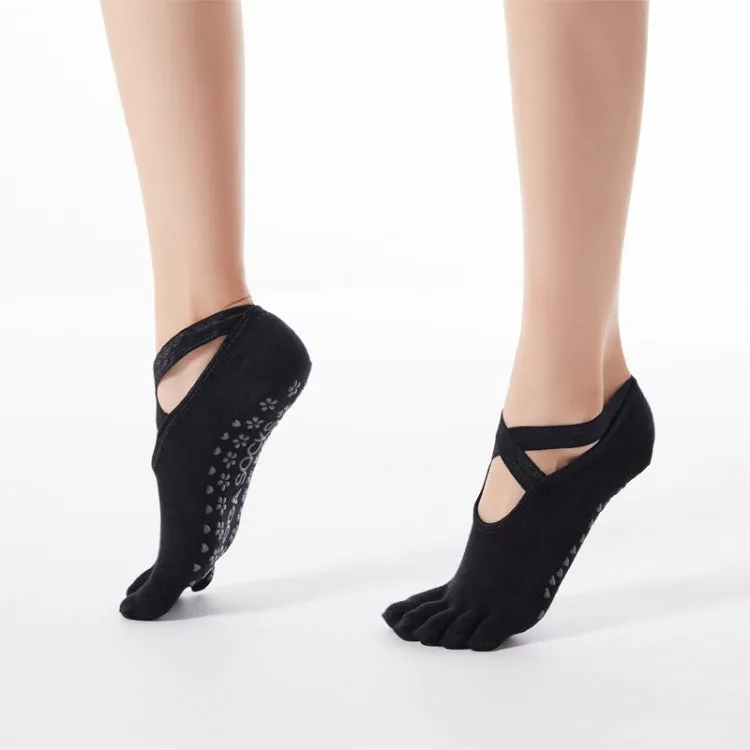 1 Pair Five-Finger Cross-Lace Yoga Cotton Socks Fashion Non-Slip Sports Dance Socks, Size: One Size(Open Toe (Black))