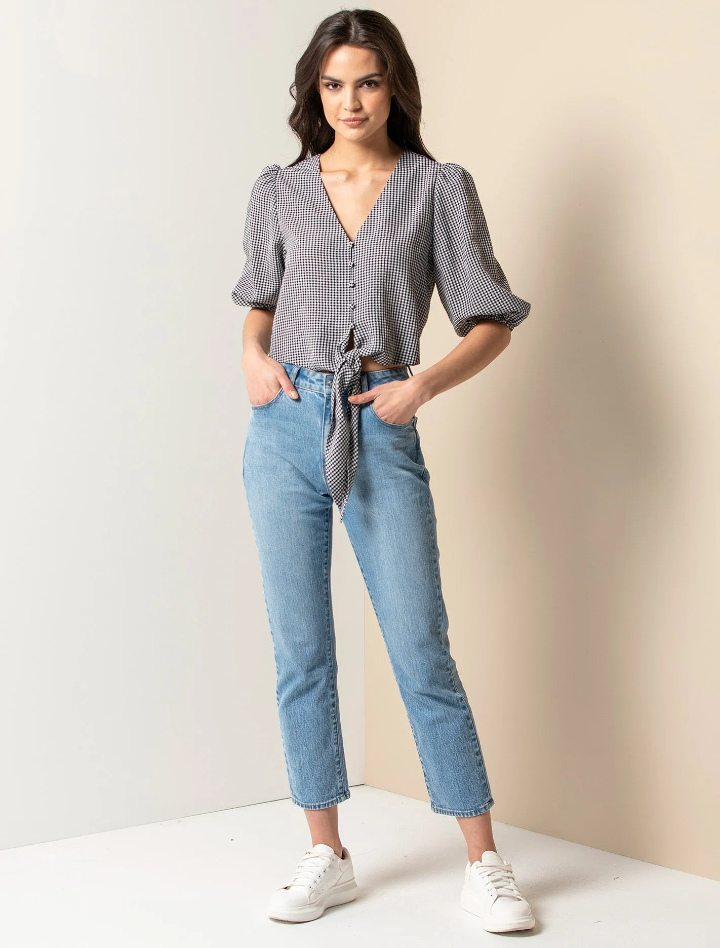 Abby Gingham Tie Front Top