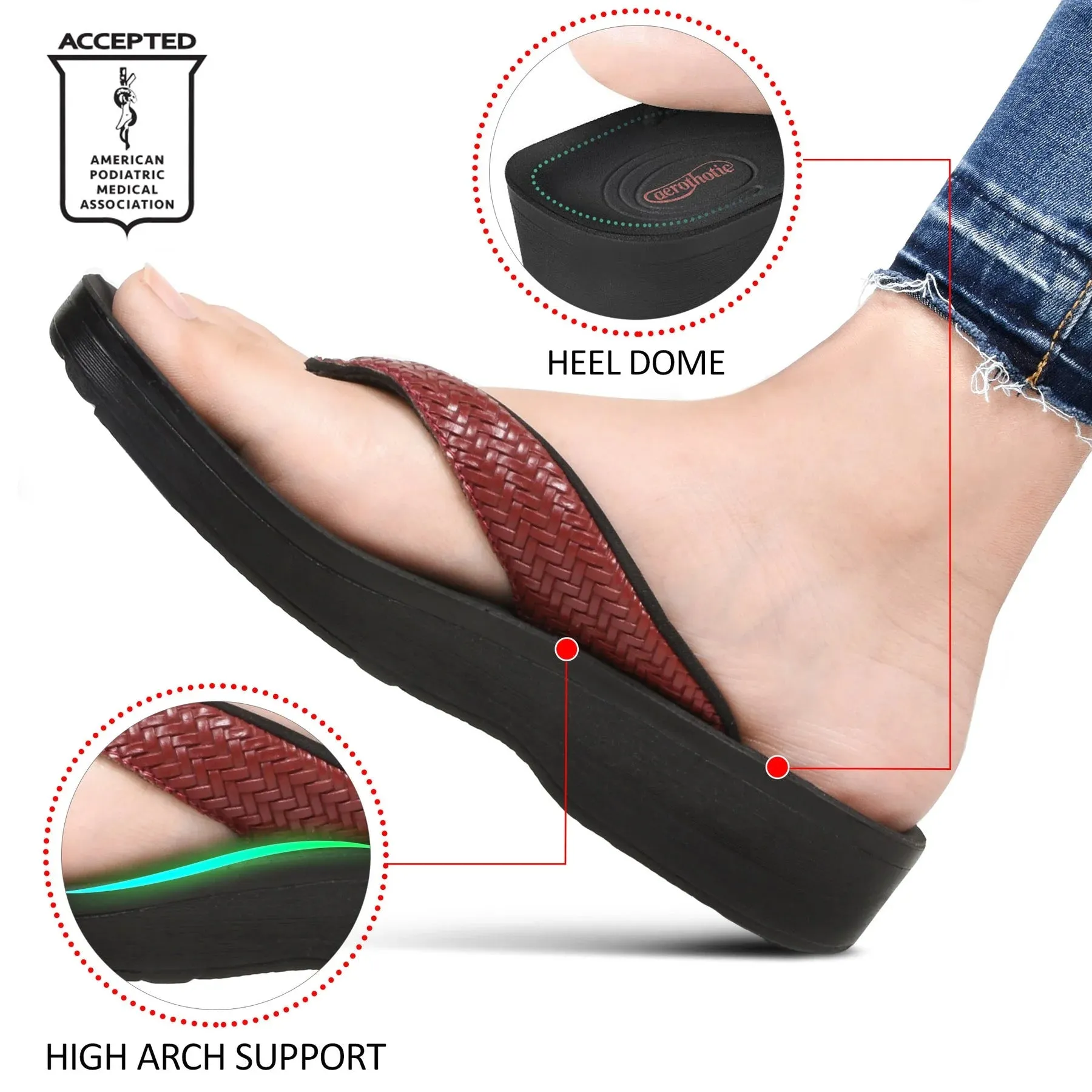Aerothotic - Dune Women’s Arch Support Thong Flip Flop Sandals , Wine