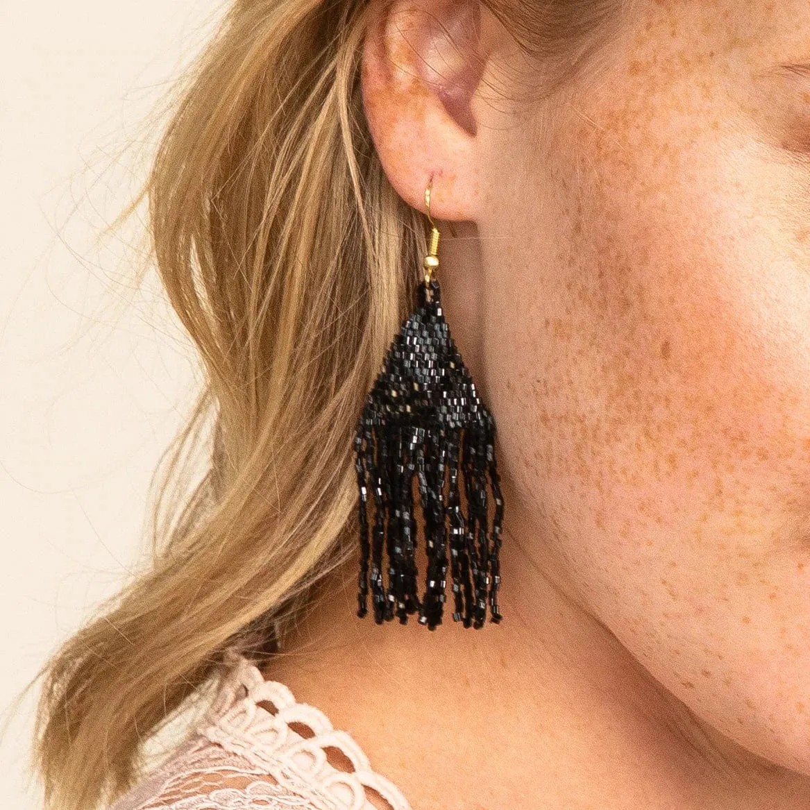 black petite fringe | bead earrings