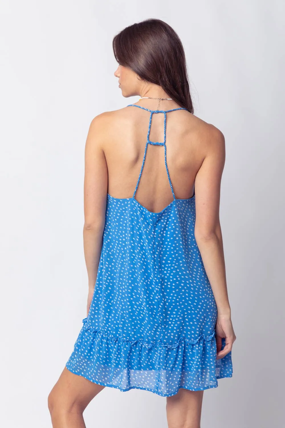 BLUE SPOTTED BRAIDED STRAP RUFFLE MINI DRESS: