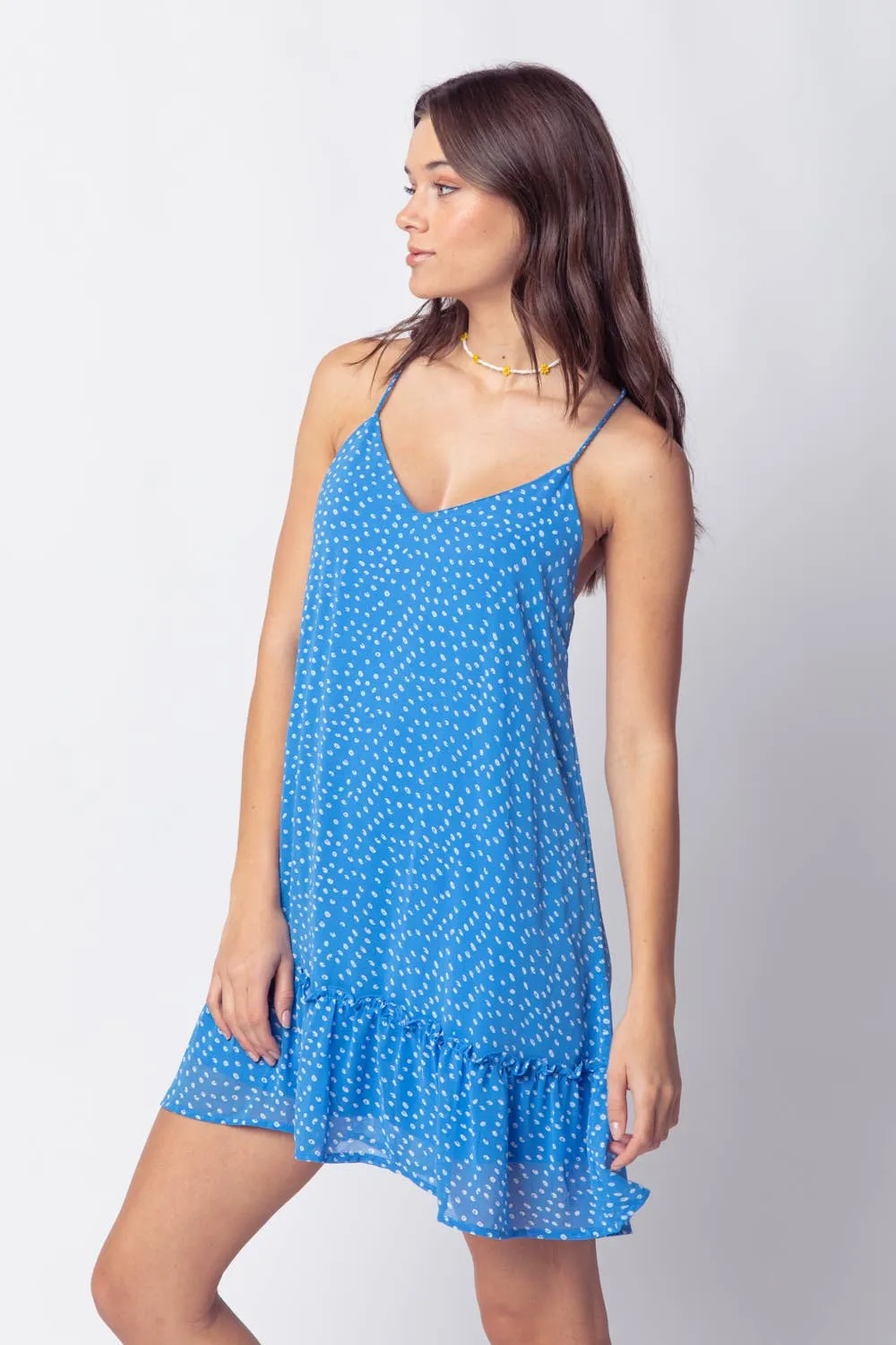 BLUE SPOTTED BRAIDED STRAP RUFFLE MINI DRESS: