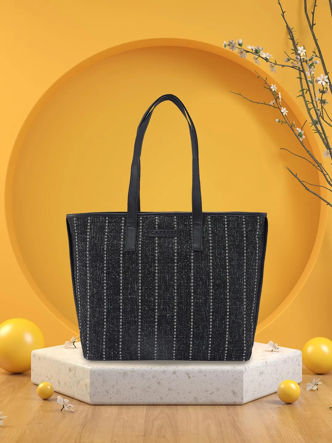 Caprese Evana Tote Medium Black Poly Canvas Striped