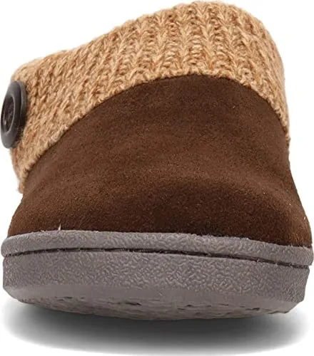 Clarks Mocha Suede Leather Knitted Collar Plush Faux Fur Lining Clog Slippers
