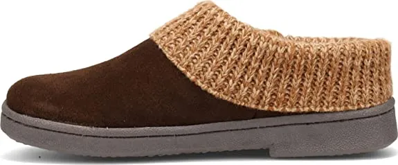 Clarks Mocha Suede Leather Knitted Collar Plush Faux Fur Lining Clog Slippers