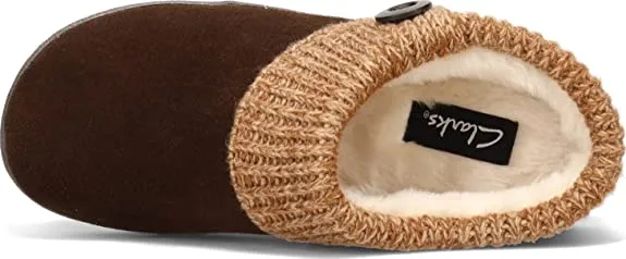Clarks Mocha Suede Leather Knitted Collar Plush Faux Fur Lining Clog Slippers