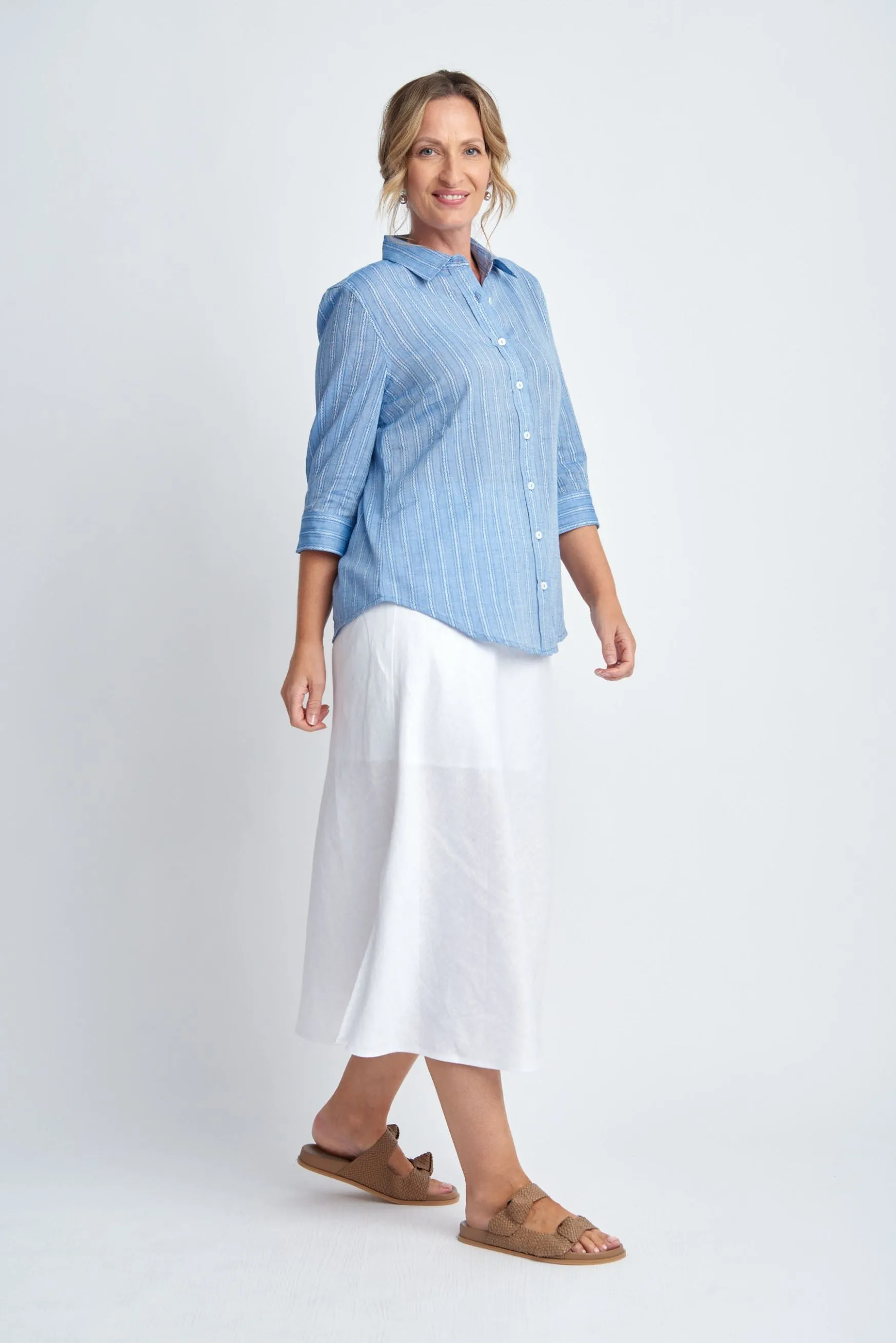 Cotton 3/4 Sleeve Lightweight Stripe Shirt Light Blue/White