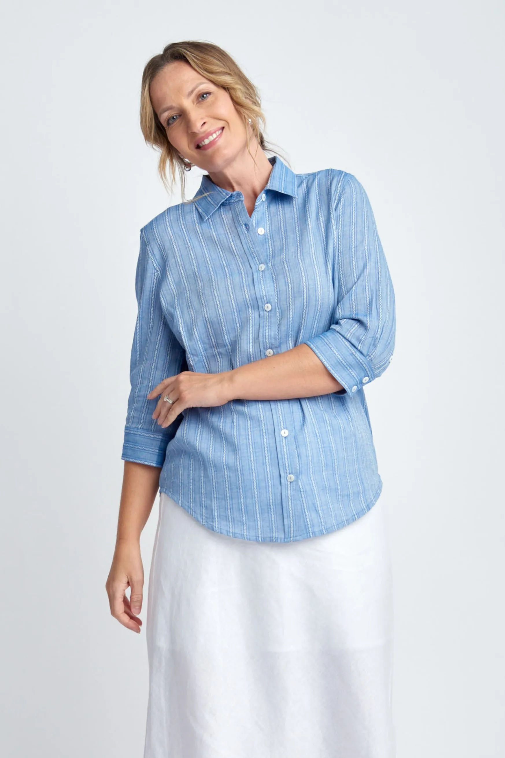 Cotton 3/4 Sleeve Lightweight Stripe Shirt Light Blue/White