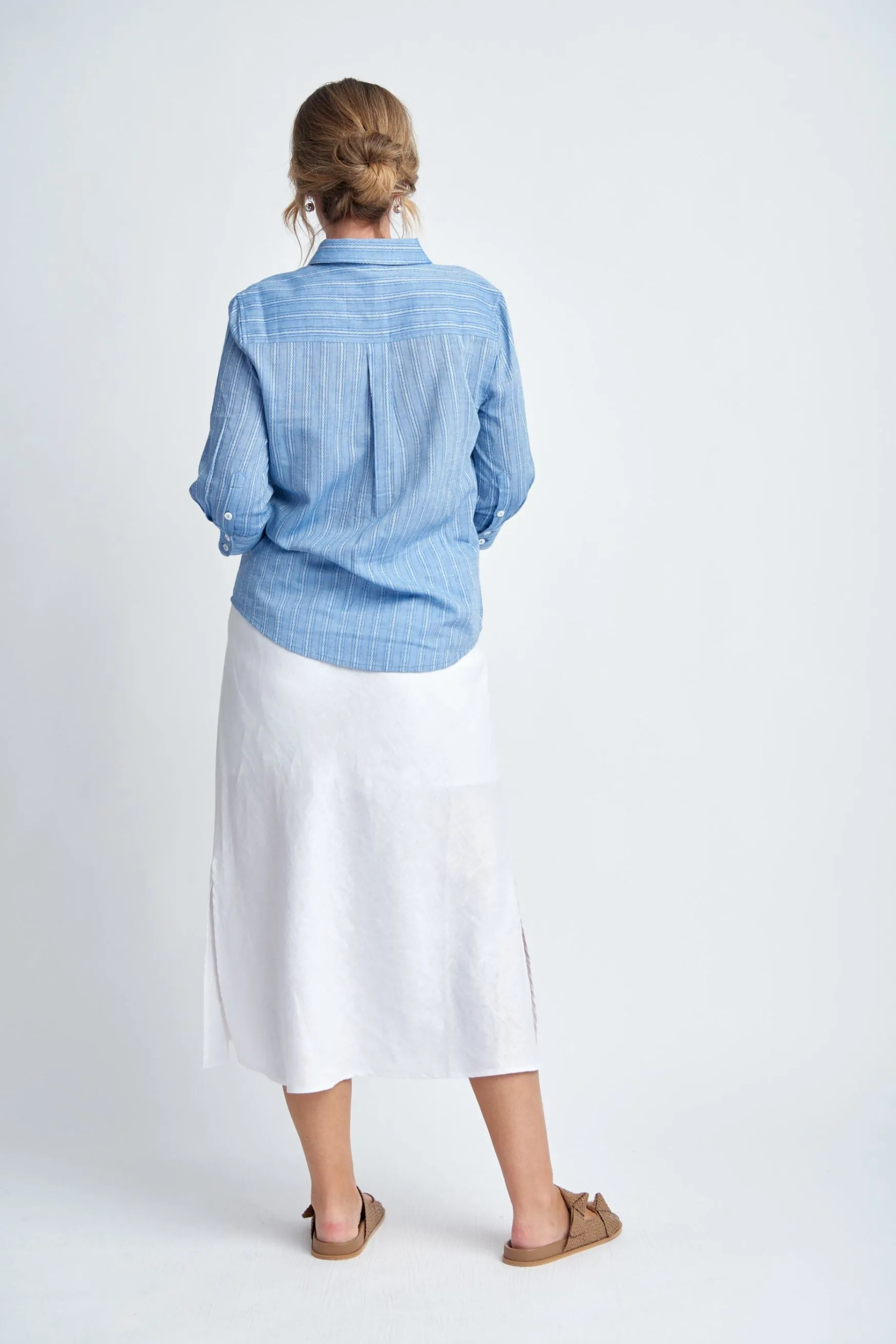 Cotton 3/4 Sleeve Lightweight Stripe Shirt Light Blue/White