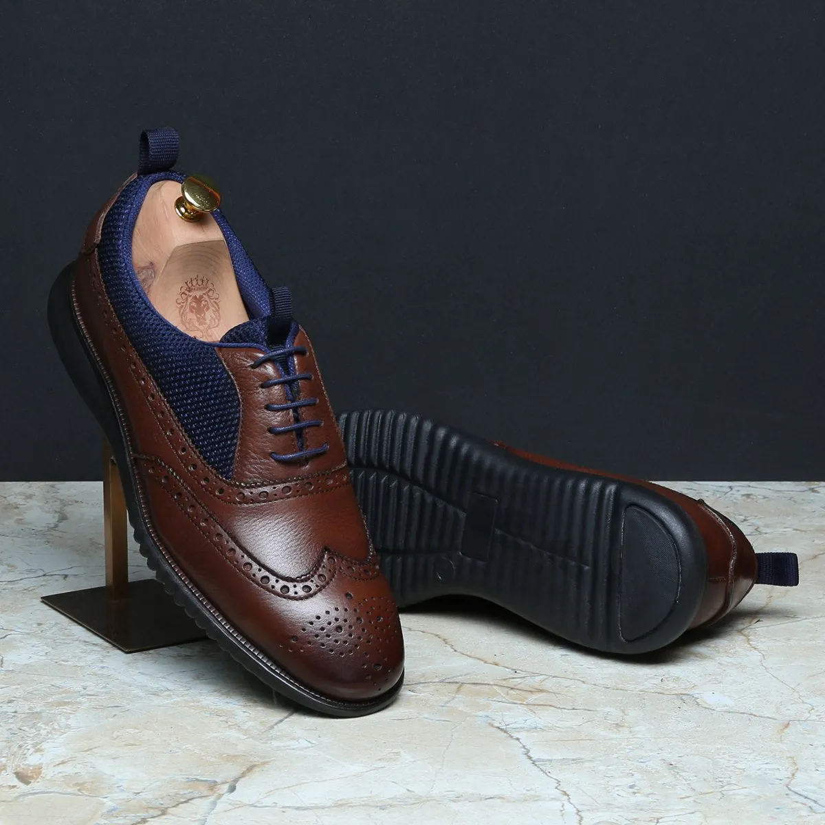 Dark Brown Leather Blue Mesh Light Weight Dress Sneakers by Brune & Bareskin