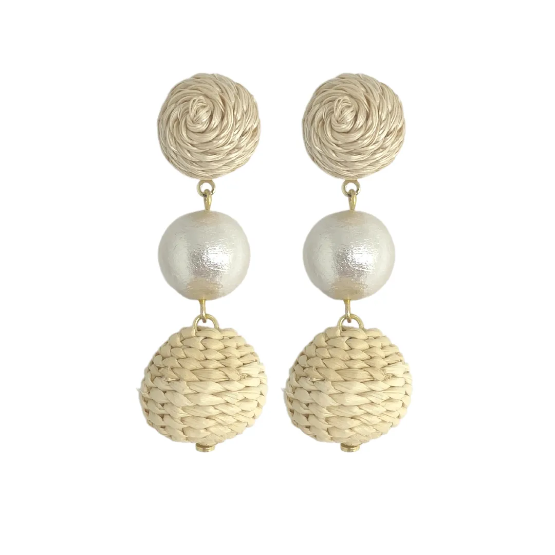 Grace Pearl Rattan Drop Earrings - Clip On