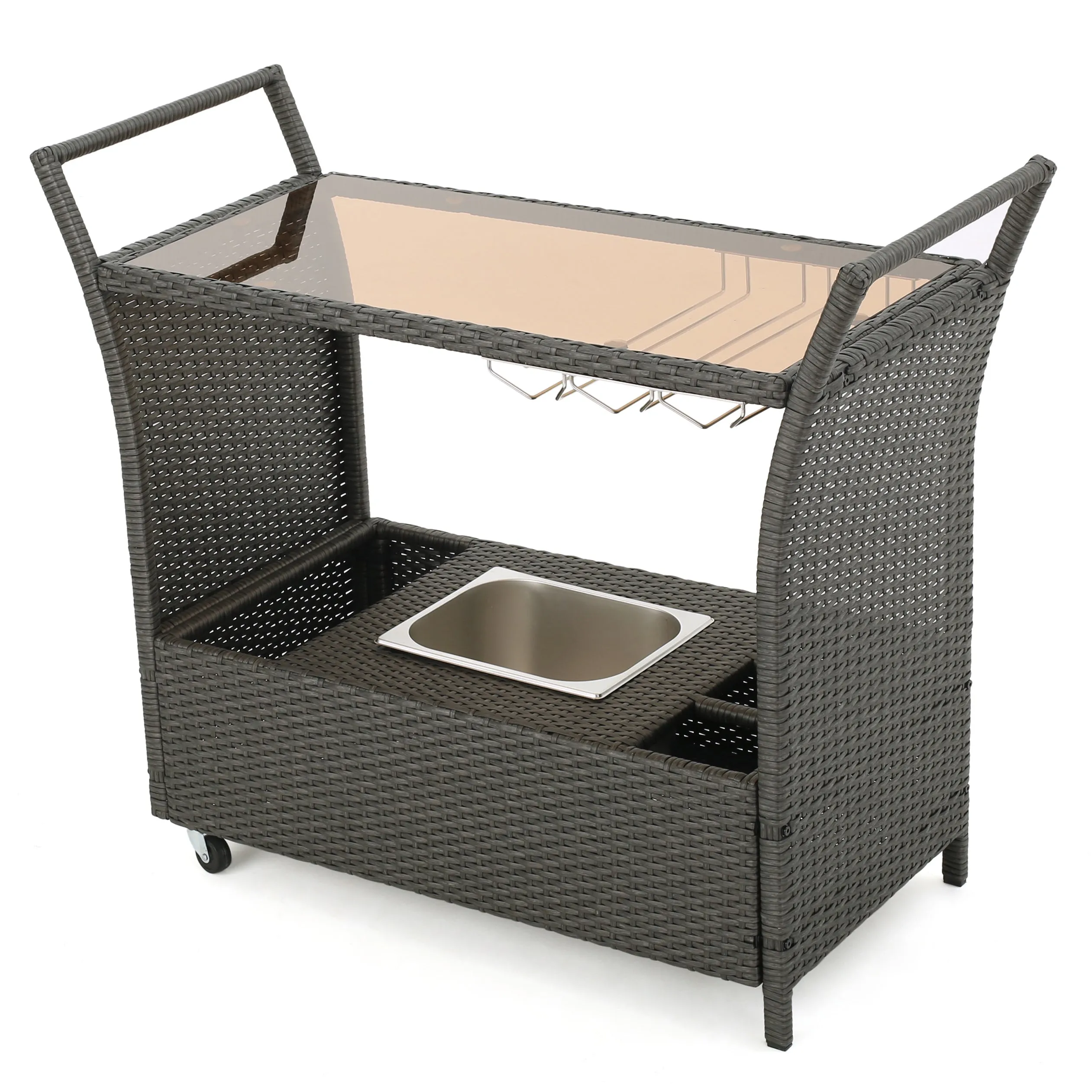 Grey Rattan and Glass Bar Cart
