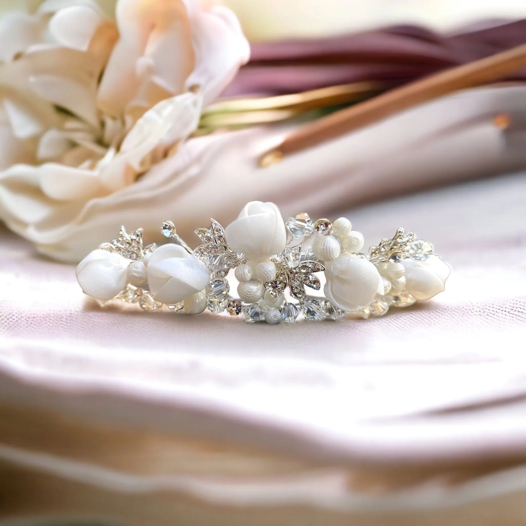 Hayley - Silver pearl crystal bridal tiara Floral Sparkling Bride Bridesmaid Tiara