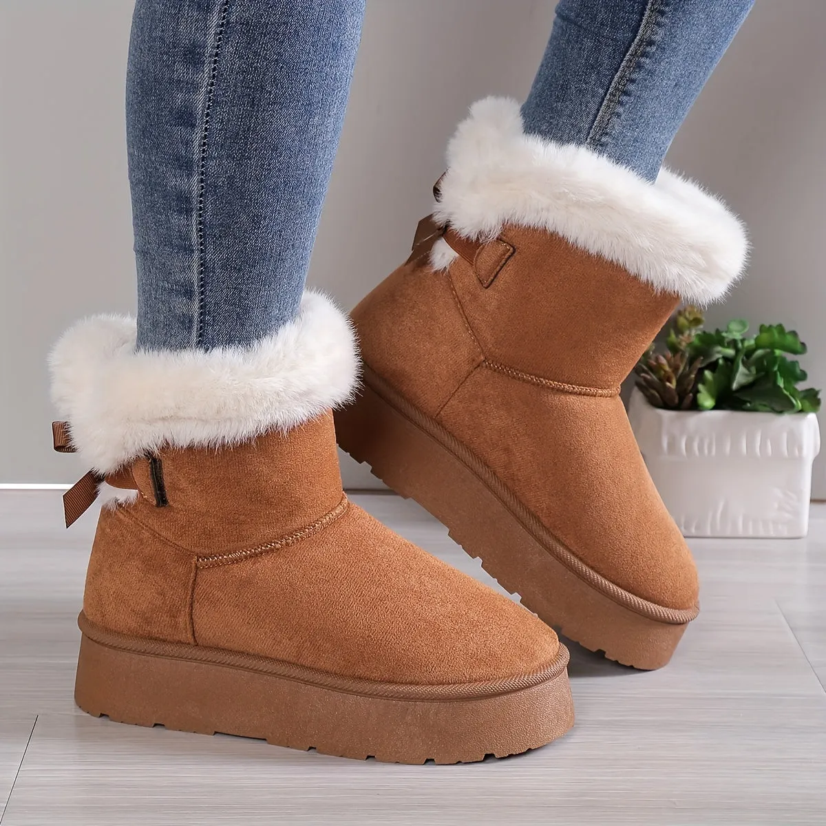 Inara | Stylish Thermo-Lined Plush Boots with Bow Knot – Women’s Warm Winter Footwear, Cozy & Comfortable