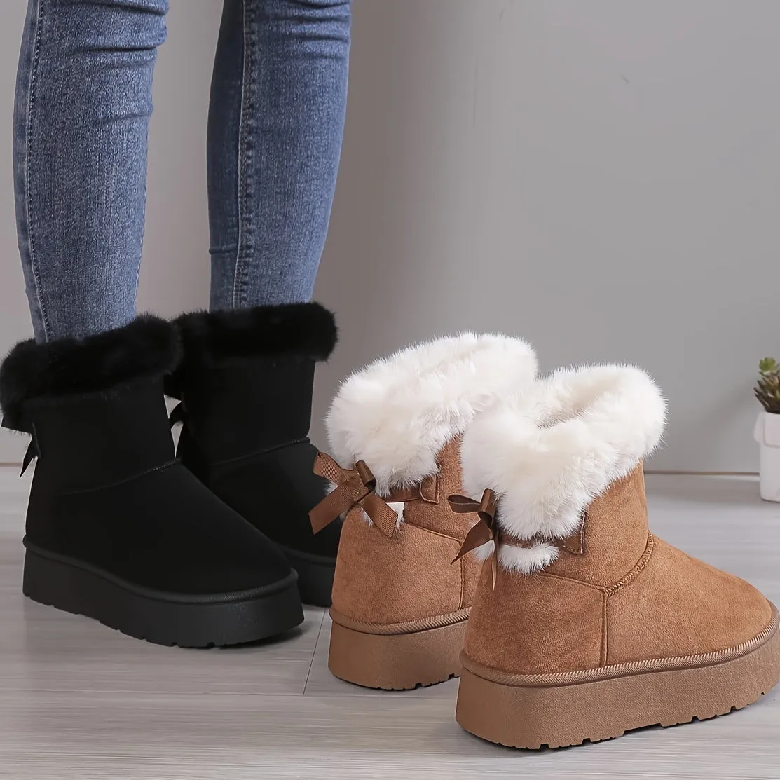 Inara | Stylish Thermo-Lined Plush Boots with Bow Knot – Women’s Warm Winter Footwear, Cozy & Comfortable