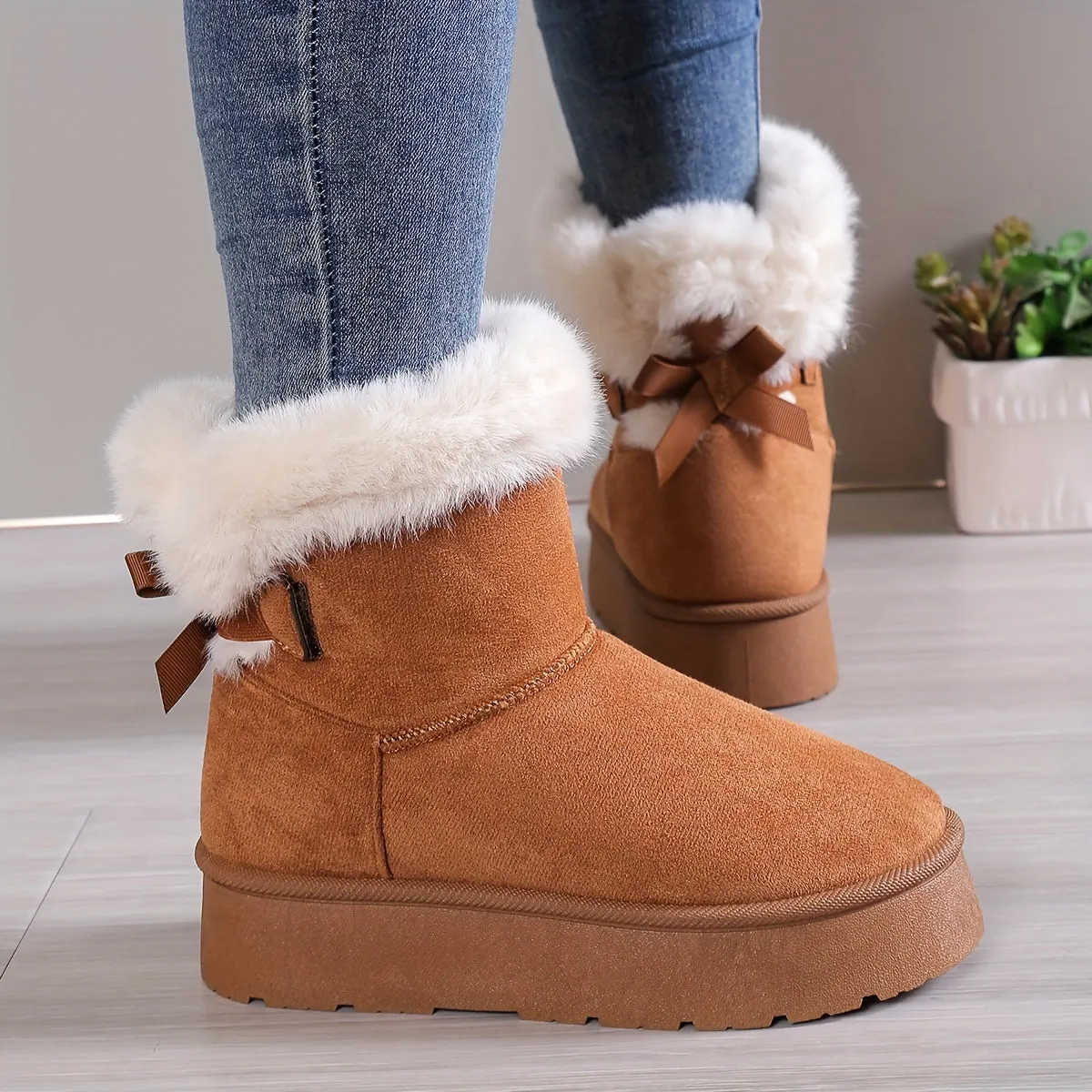 Inara | Stylish Thermo-Lined Plush Boots with Bow Knot – Women’s Warm Winter Footwear, Cozy & Comfortable