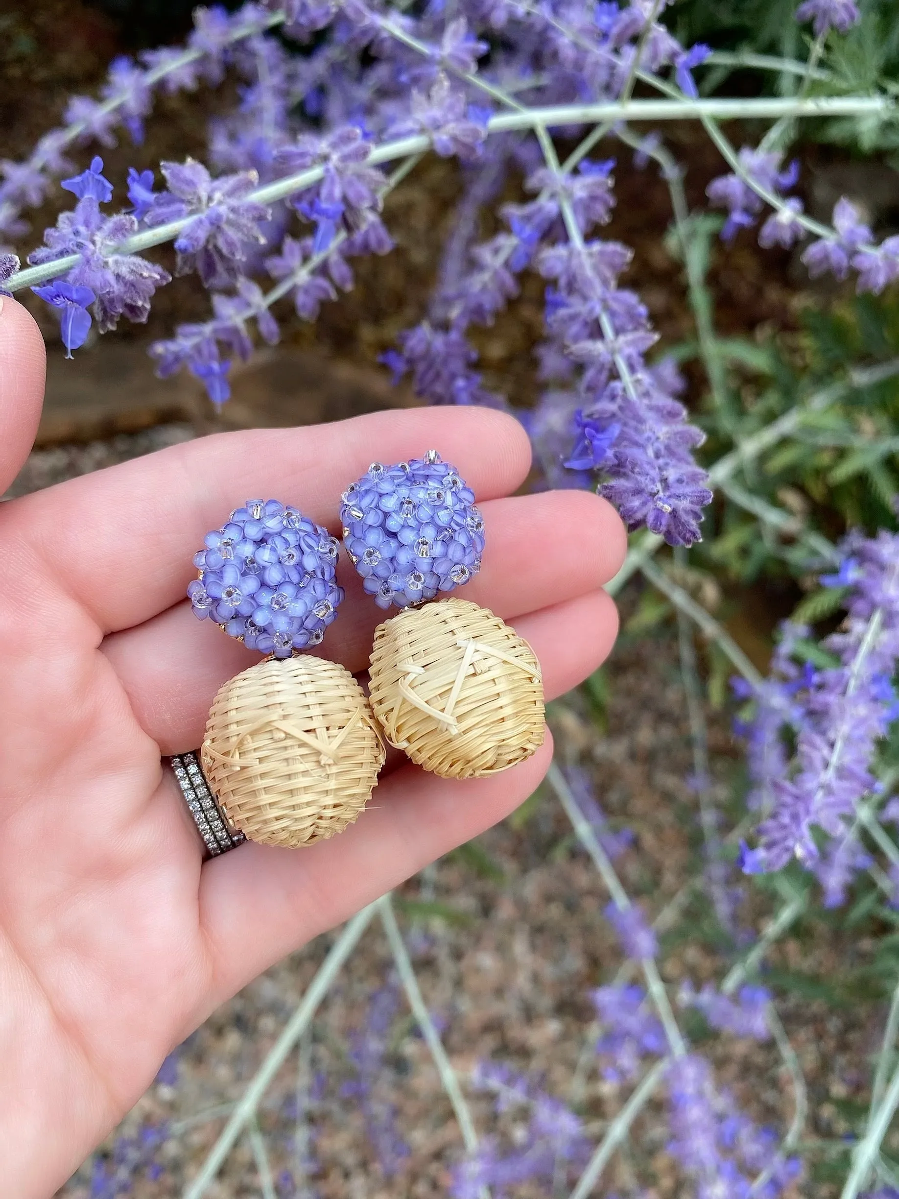 Liz Rattan Ball Lavender Earrings - Clip On