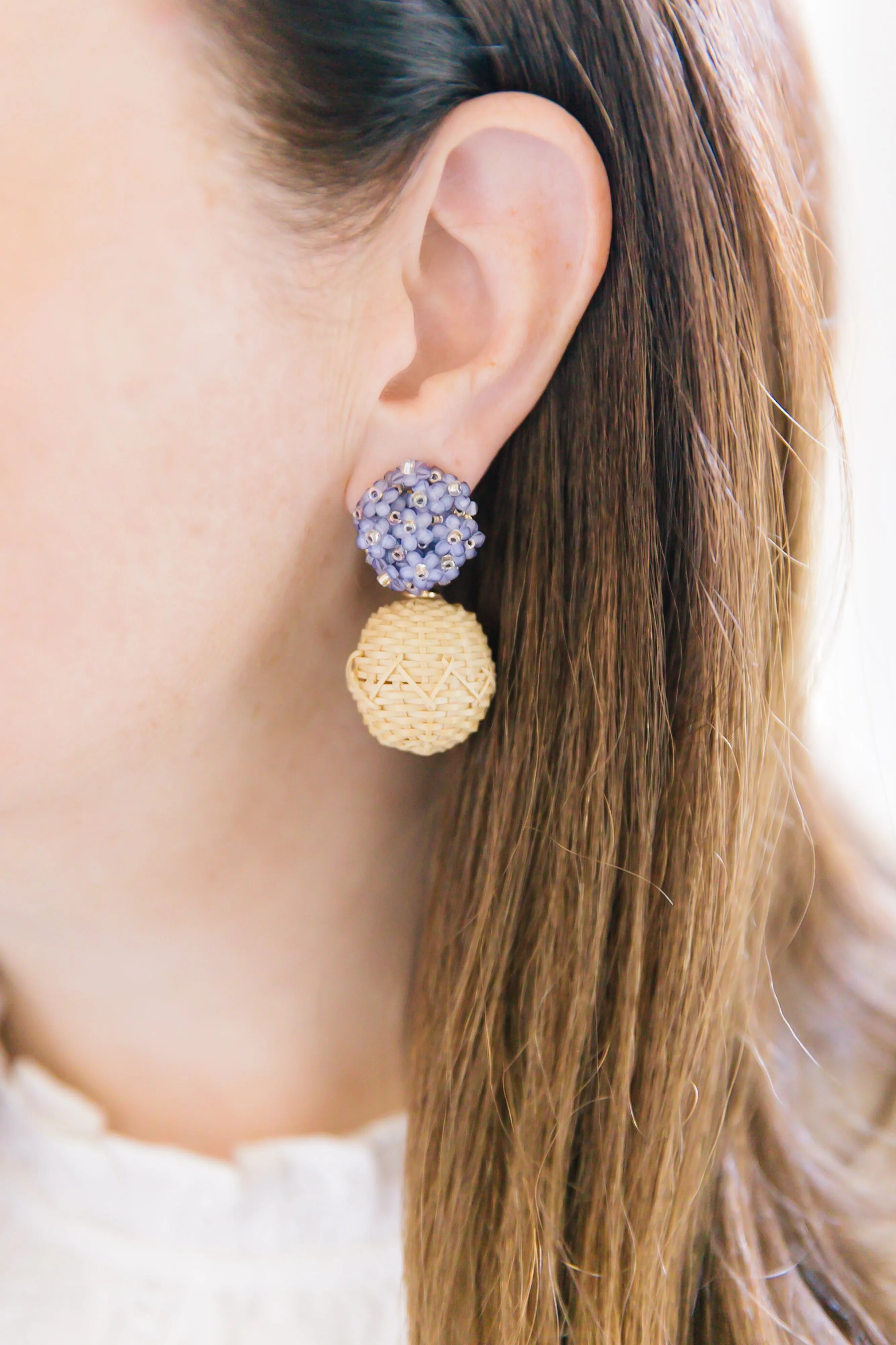 Liz Rattan Ball Lavender Earrings - Clip On