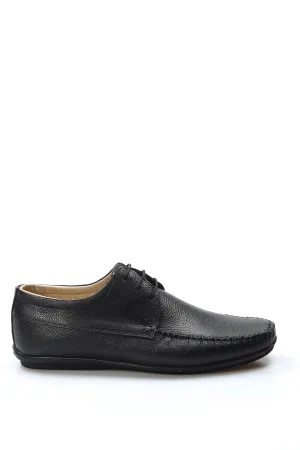 Men's Black Moccasin Leather Shoes with Lace Detailing - Wessi