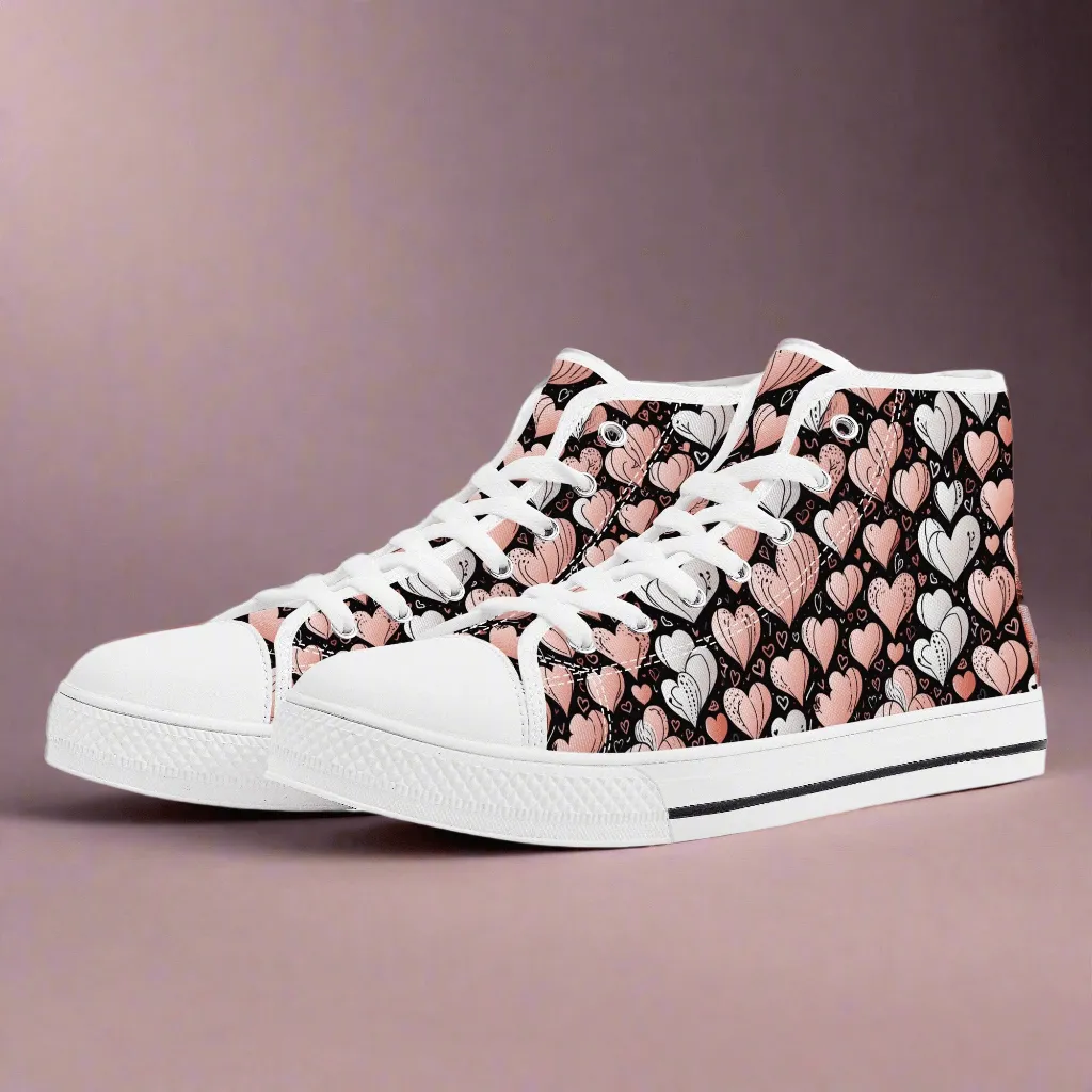 Pink Hearts Womens High Top Canvas Shoes