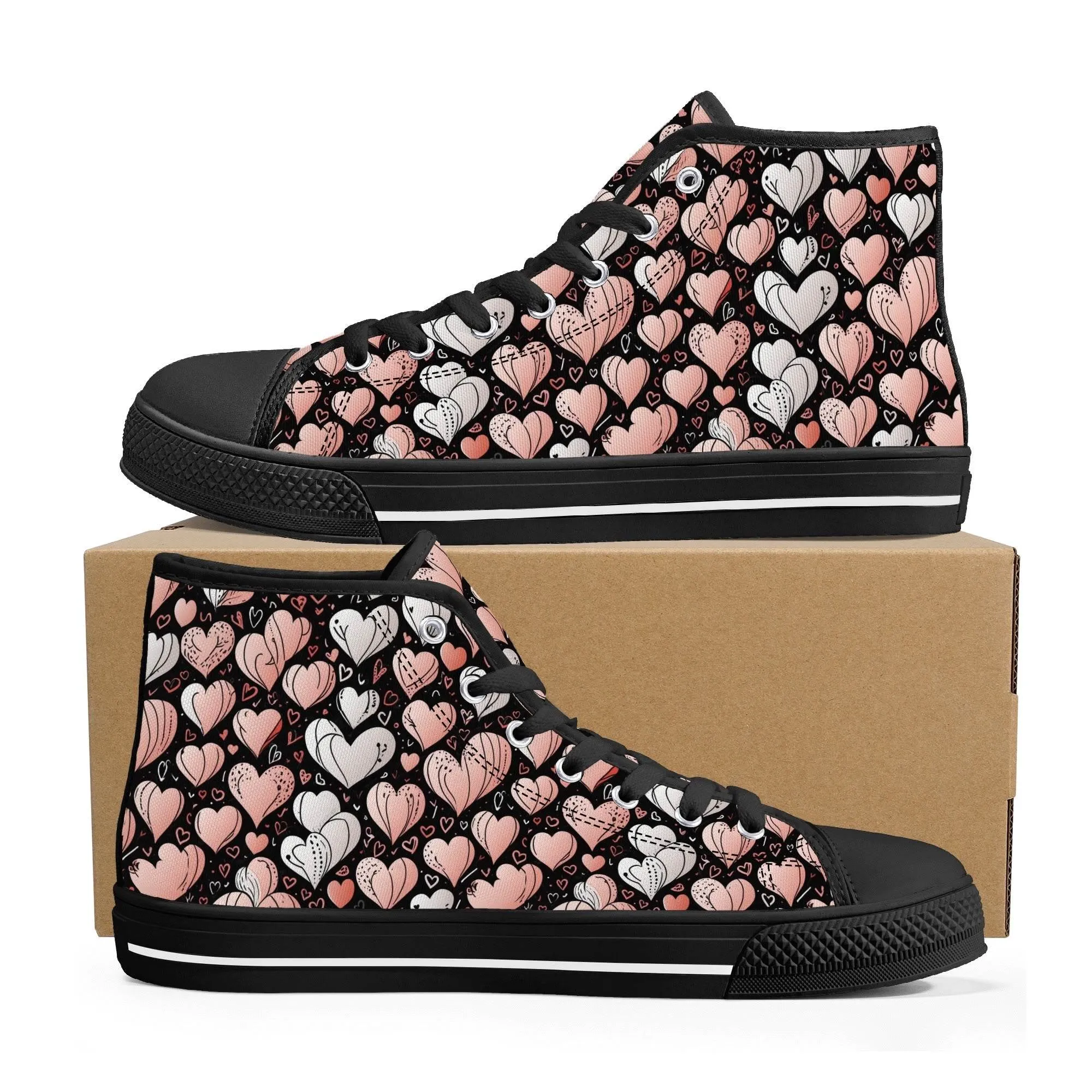Pink Hearts Womens High Top Canvas Shoes