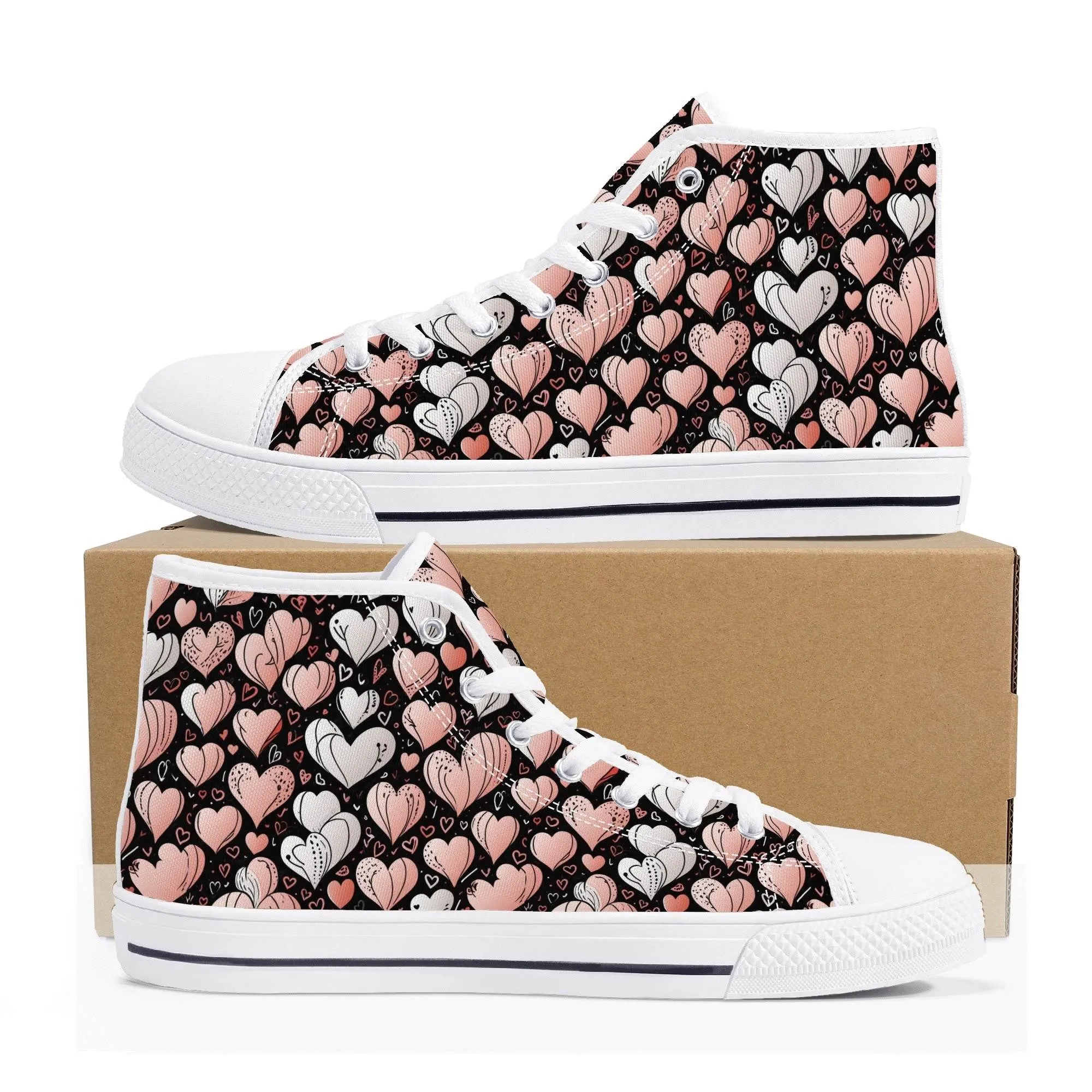 Pink Hearts Womens High Top Canvas Shoes