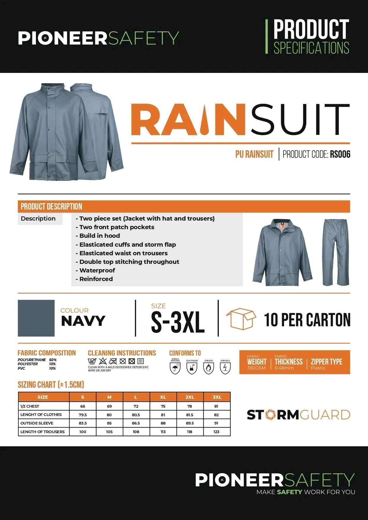 PIONEER SAFETY Rain Suit PU Premium Storm Guard Navy