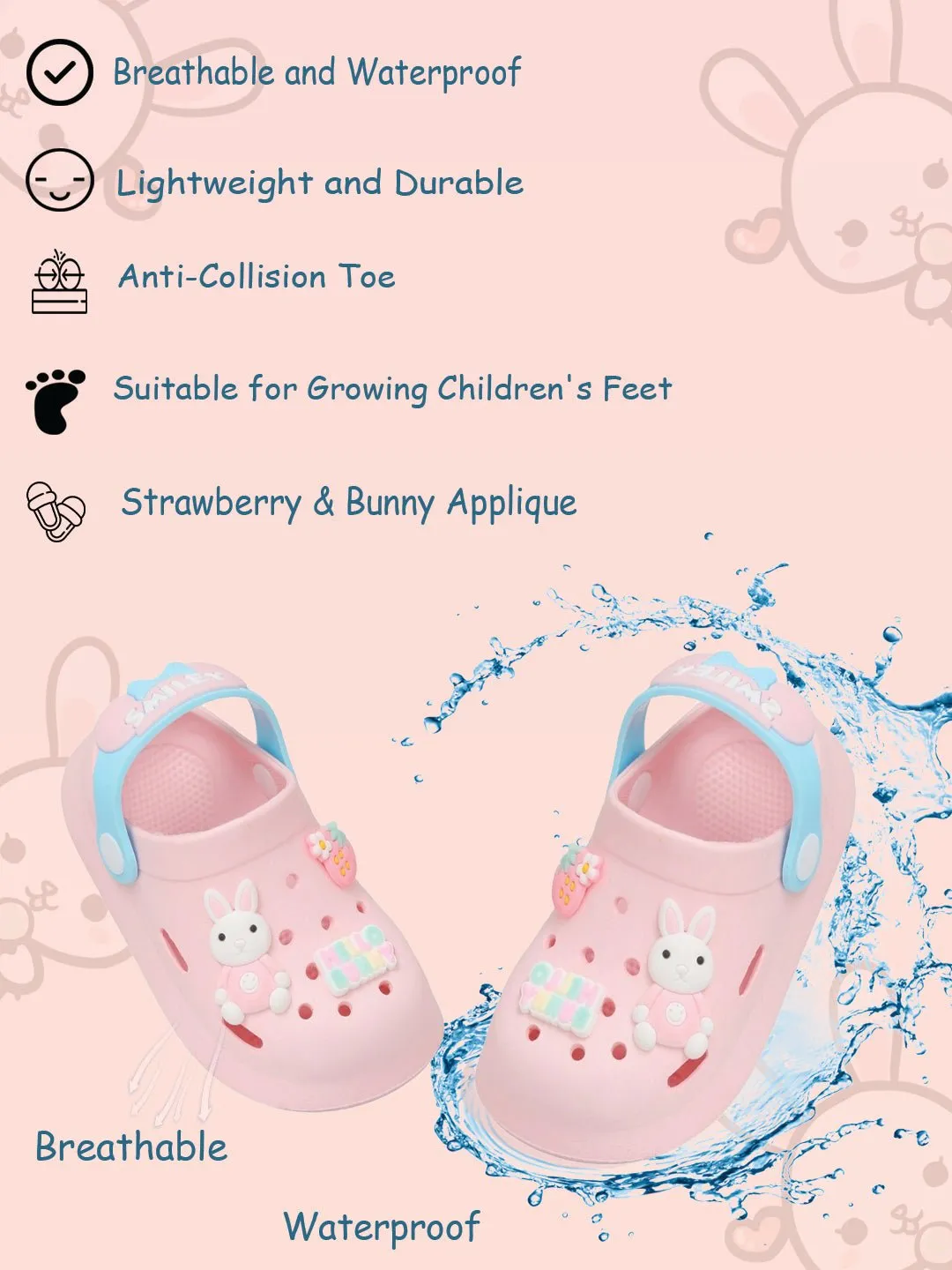 Playful Pink Bunny Motif Clogs for Girls