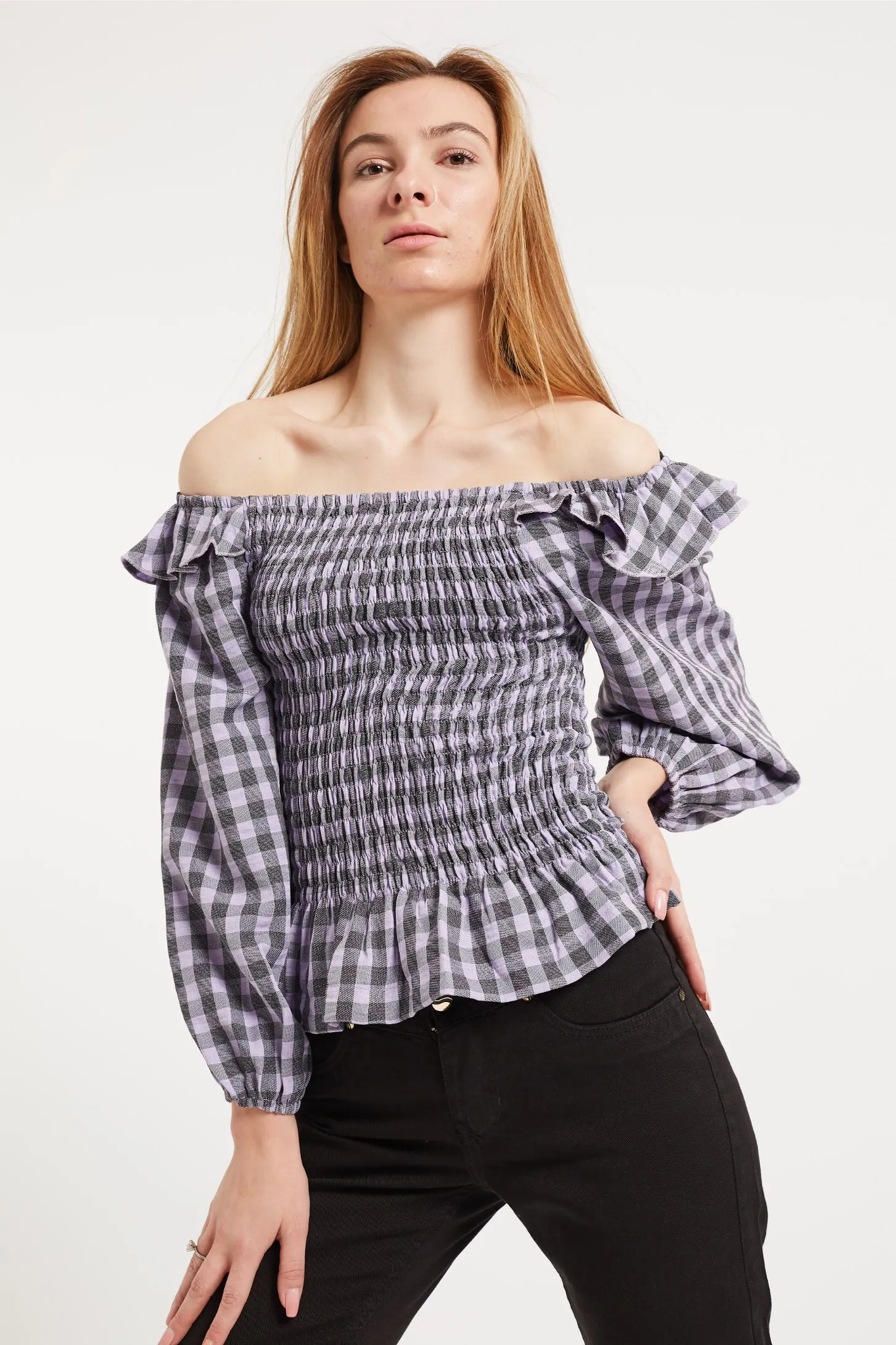 RUCHED CHEKERED TOP - LILAC
