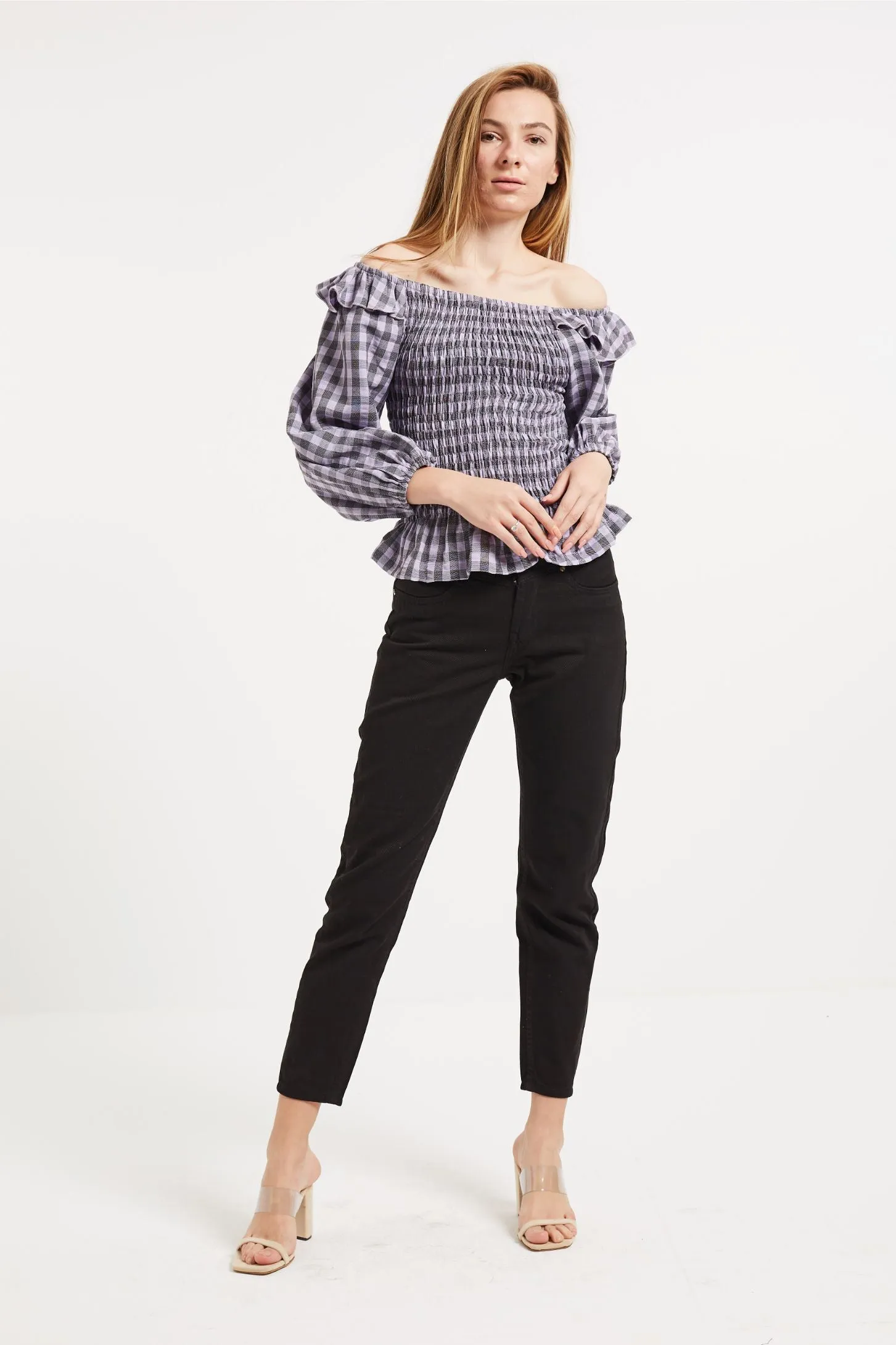 RUCHED CHEKERED TOP - LILAC