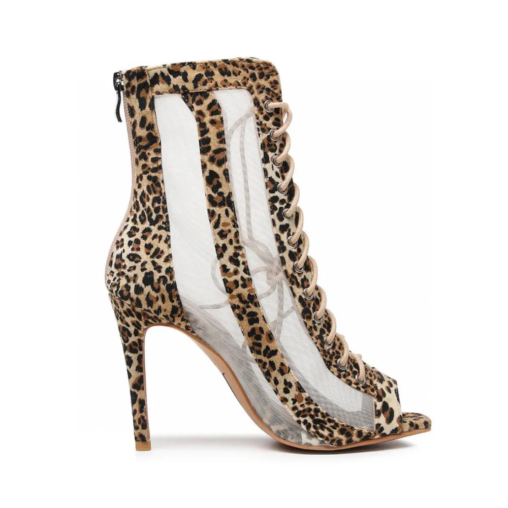 Sierra - Leopard Print Open Toe Lace Up Mesh Dance Latin Dance Booties (Street Sole)