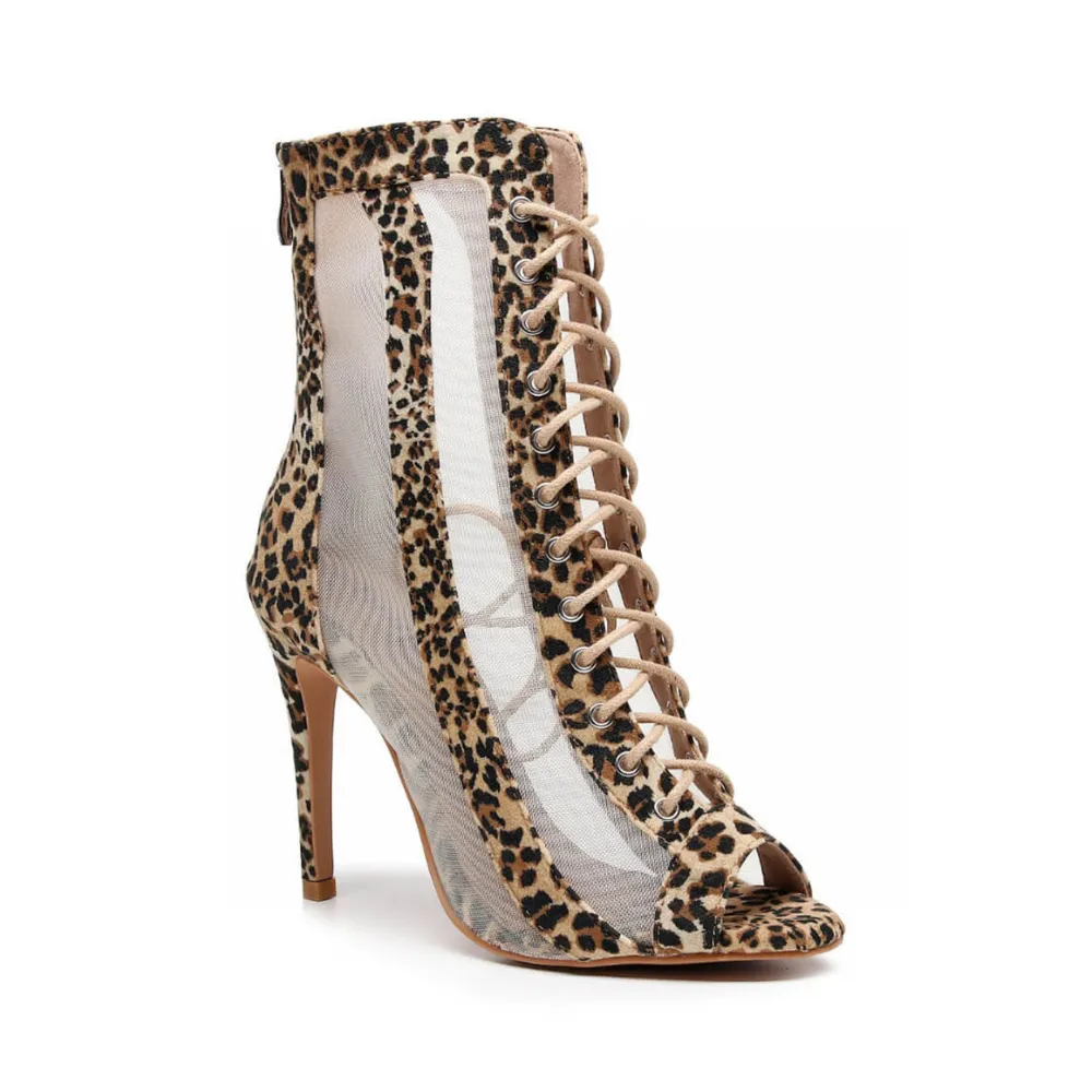 Sierra - Leopard Print Open Toe Lace Up Mesh Dance Latin Dance Booties (Street Sole)