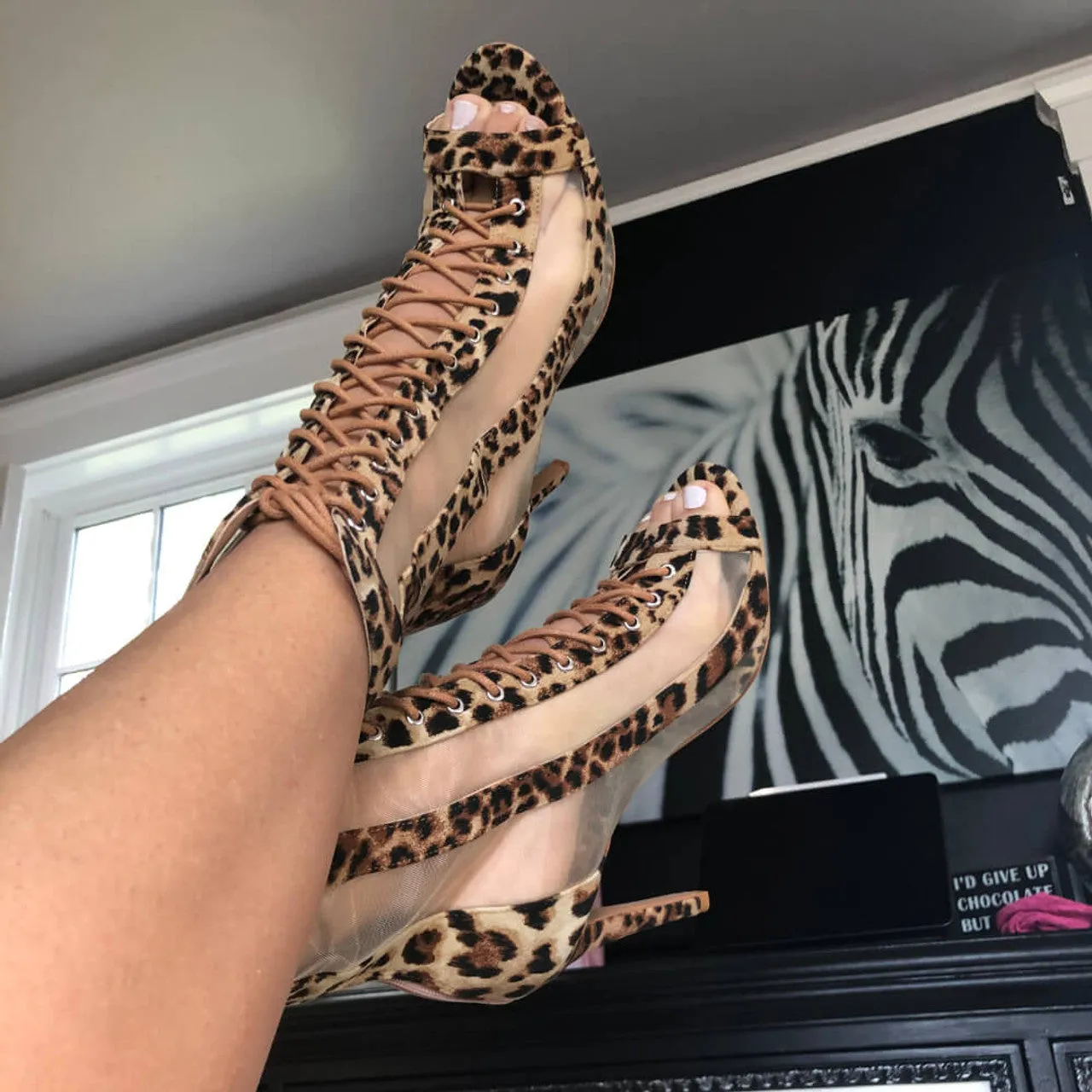 Sierra - Leopard Print Open Toe Lace Up Mesh Dance Latin Dance Booties (Street Sole)