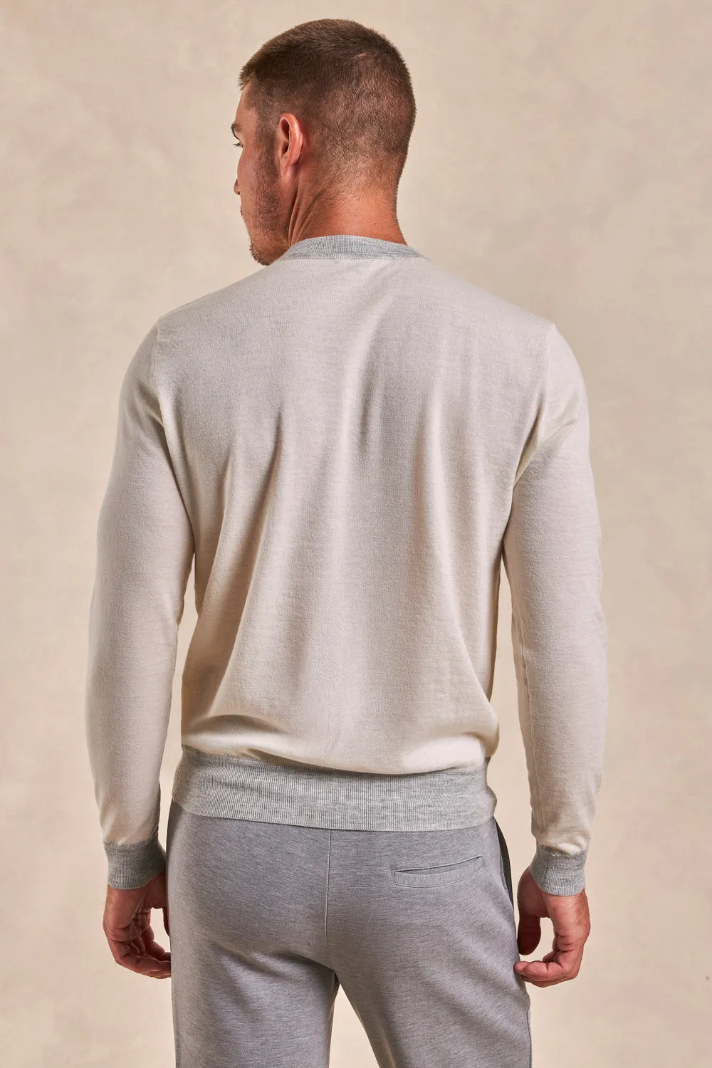 The Huck - Cotton Cashmere Lightweight Varsity Crew Sweatshirt - Ecru Grey