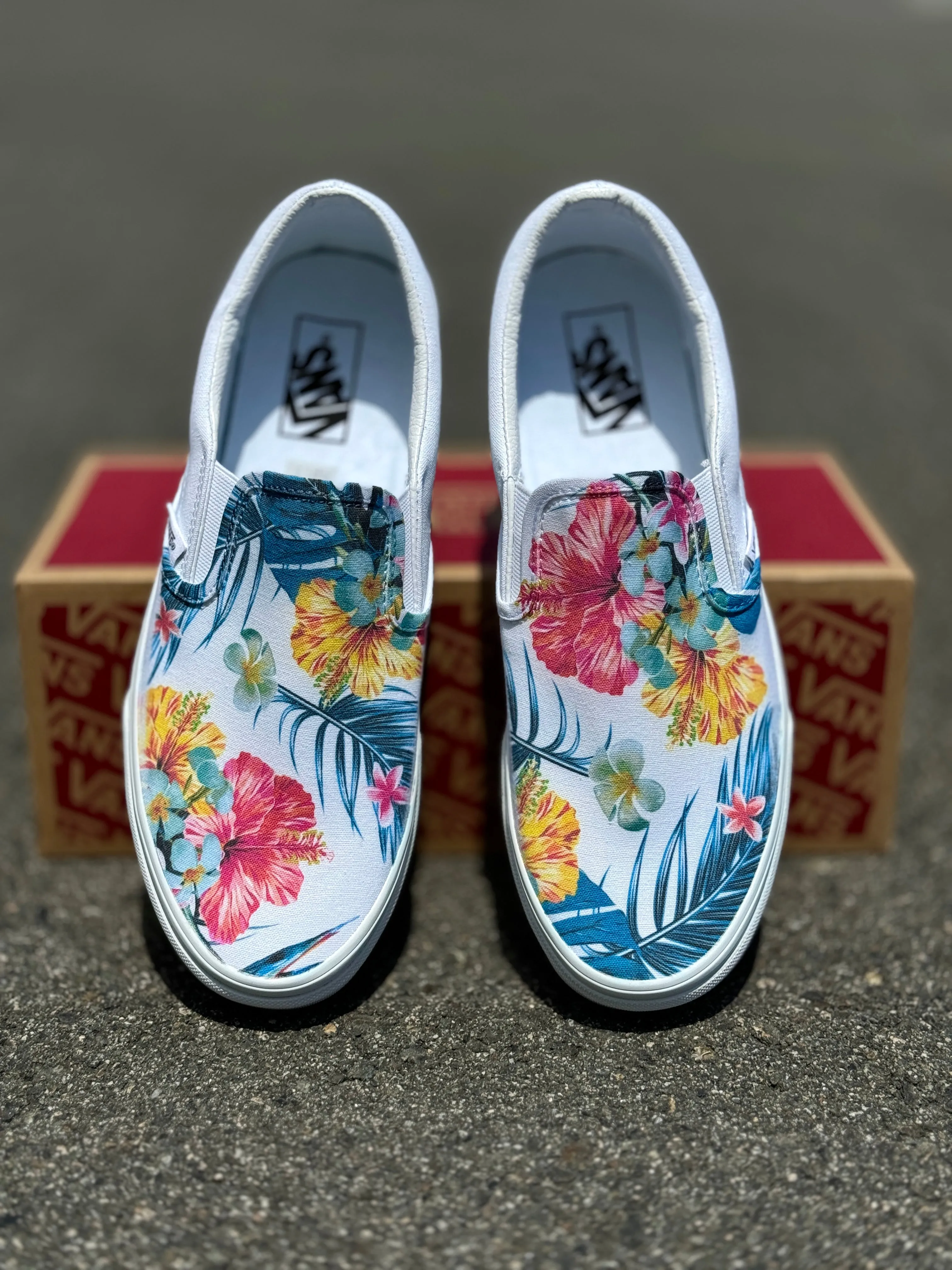 Tropical Hawaiian White Slip On Vans Shoes