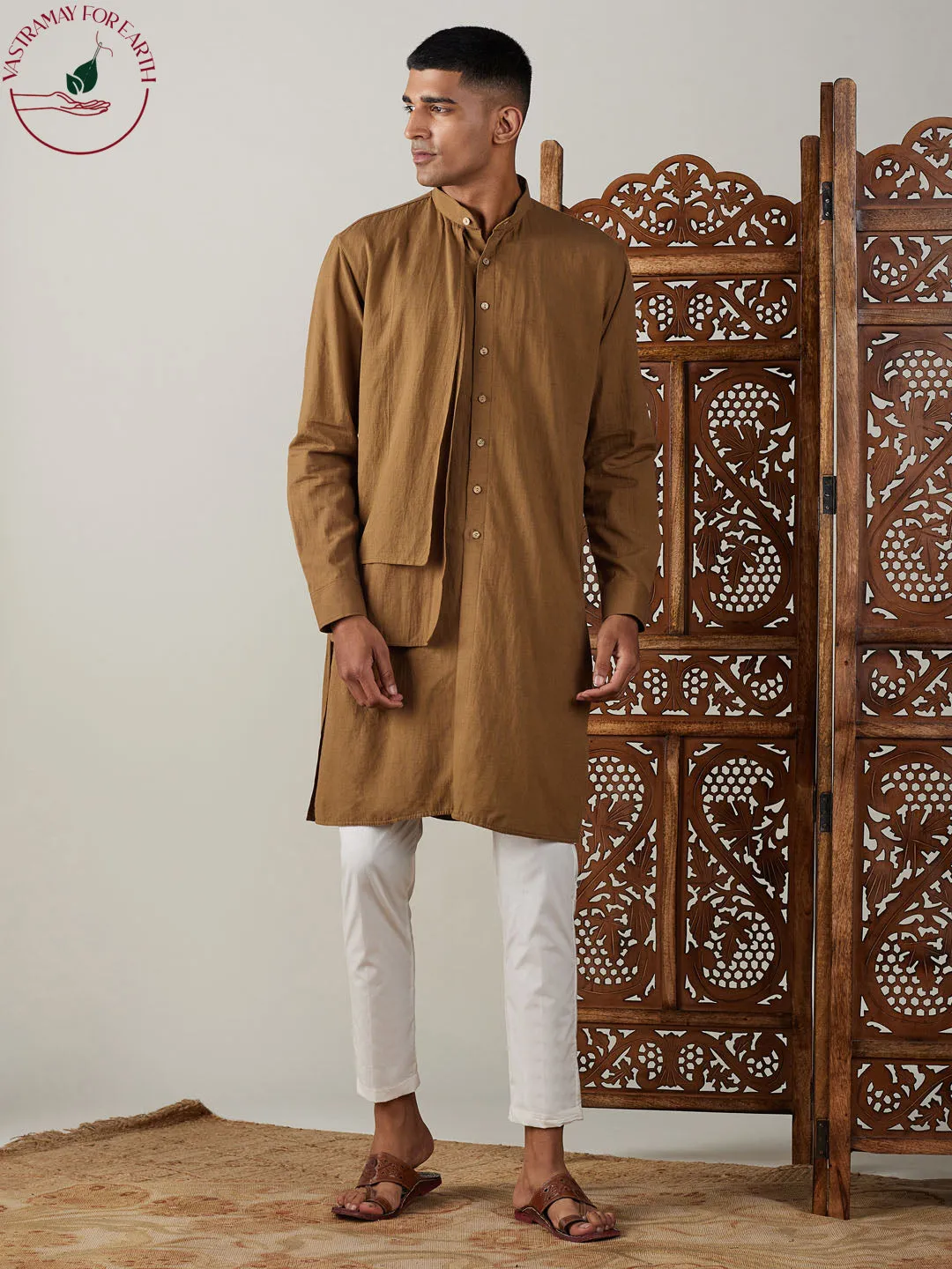 Vastramay Men's Coffee Cotton Kurta Set