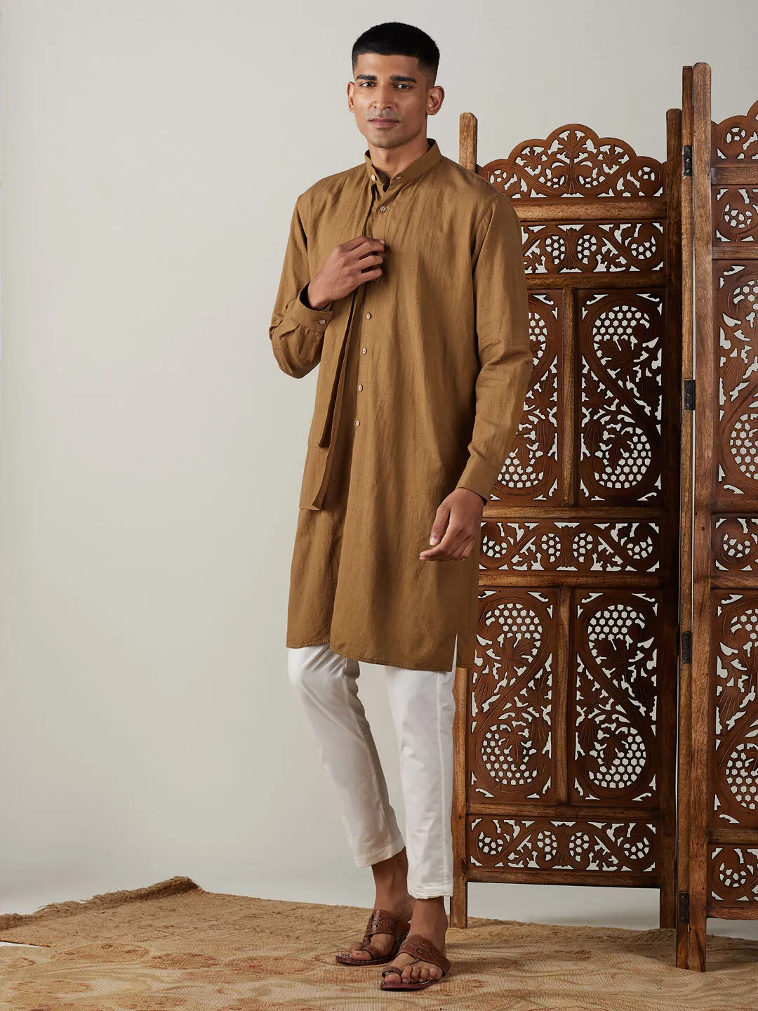 Vastramay Men's Coffee Cotton Kurta Set