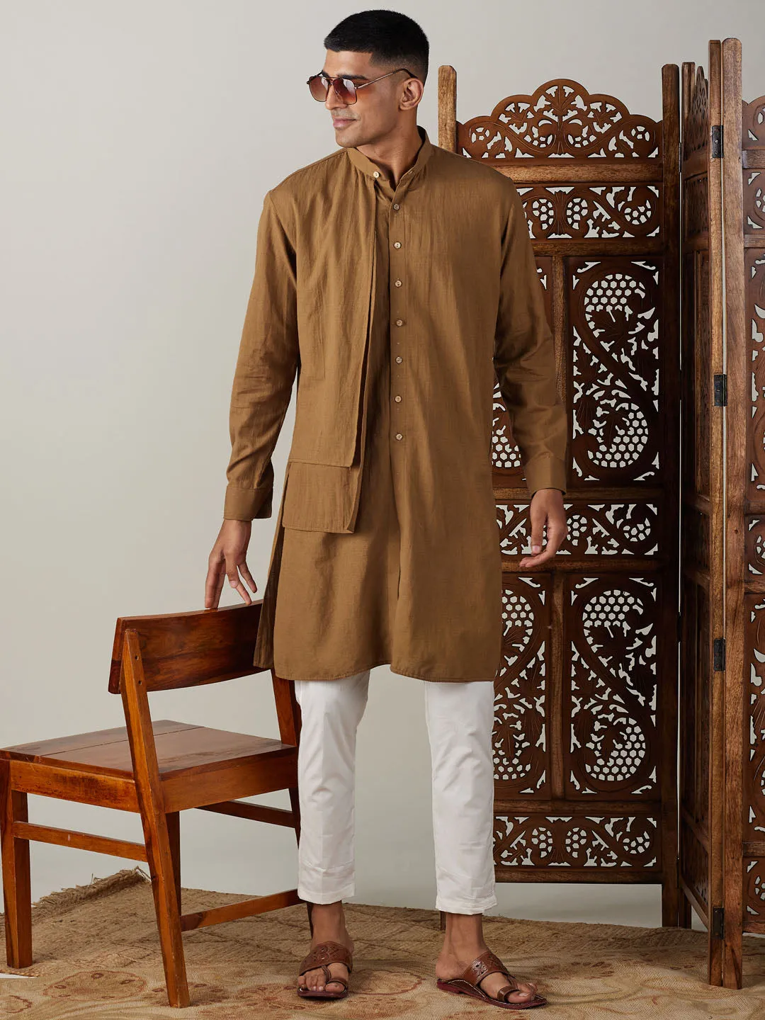 Vastramay Men's Coffee Cotton Kurta Set