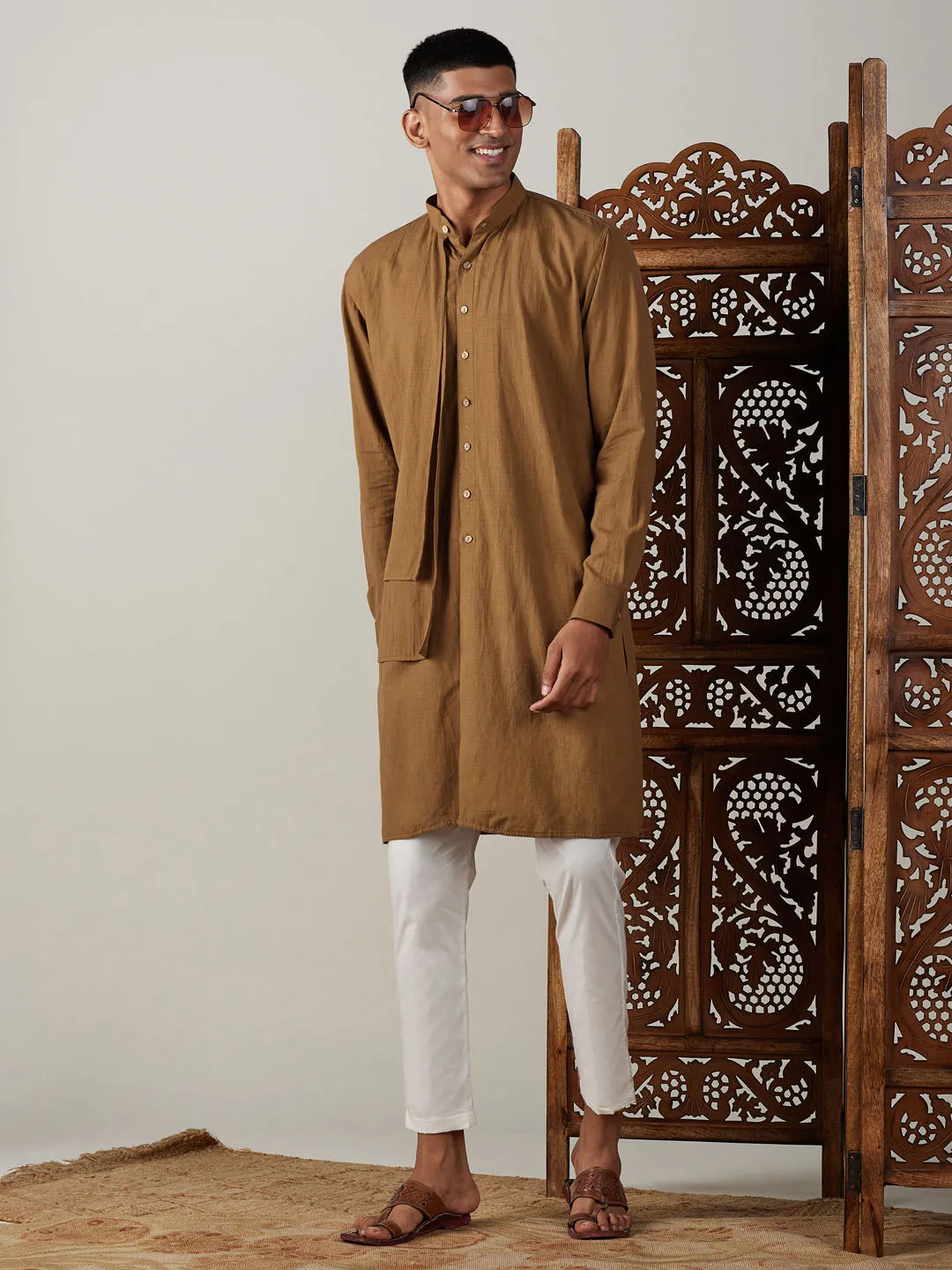 Vastramay Men's Coffee Cotton Kurta Set