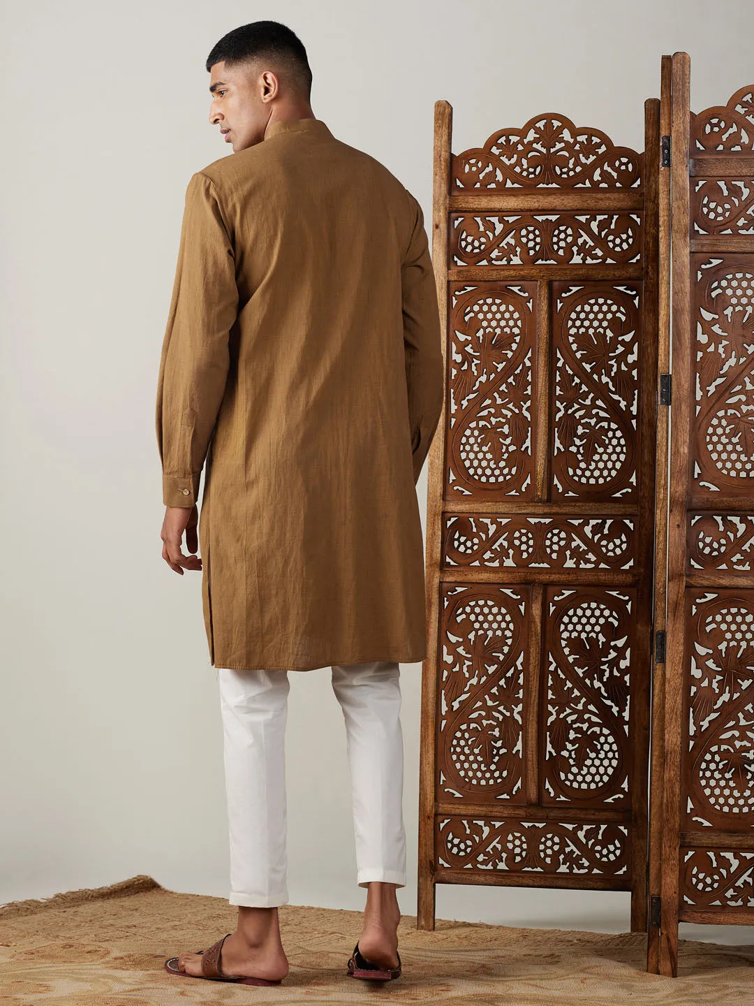 Vastramay Men's Coffee Cotton Kurta Set