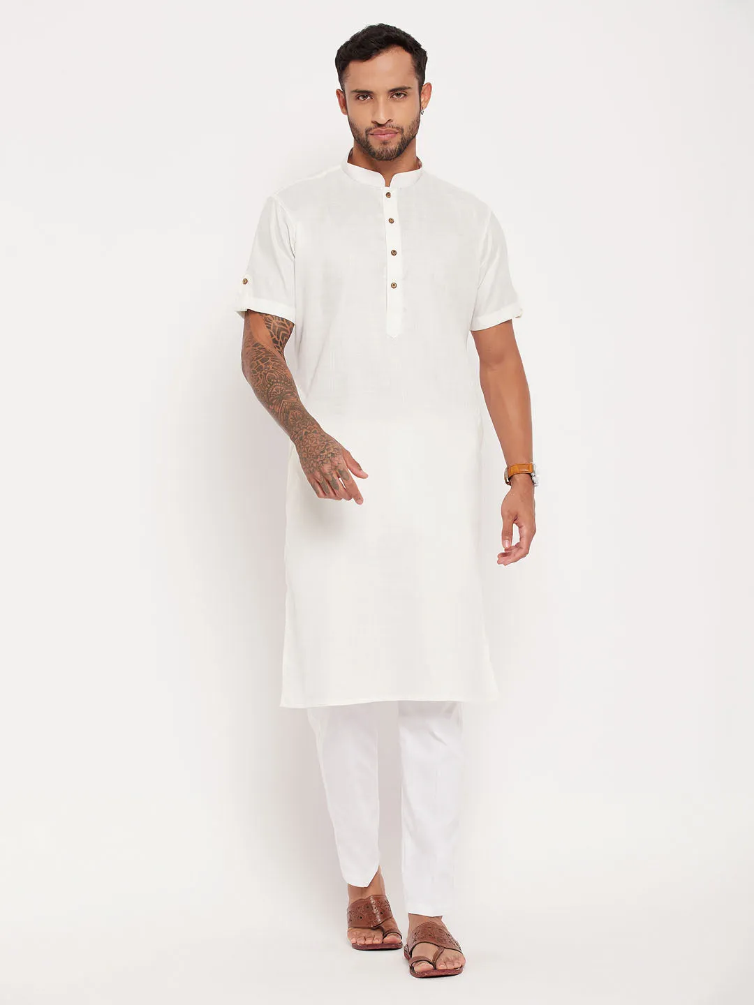 VASTRAMAY Men's Cream Kurta with White Pyjama