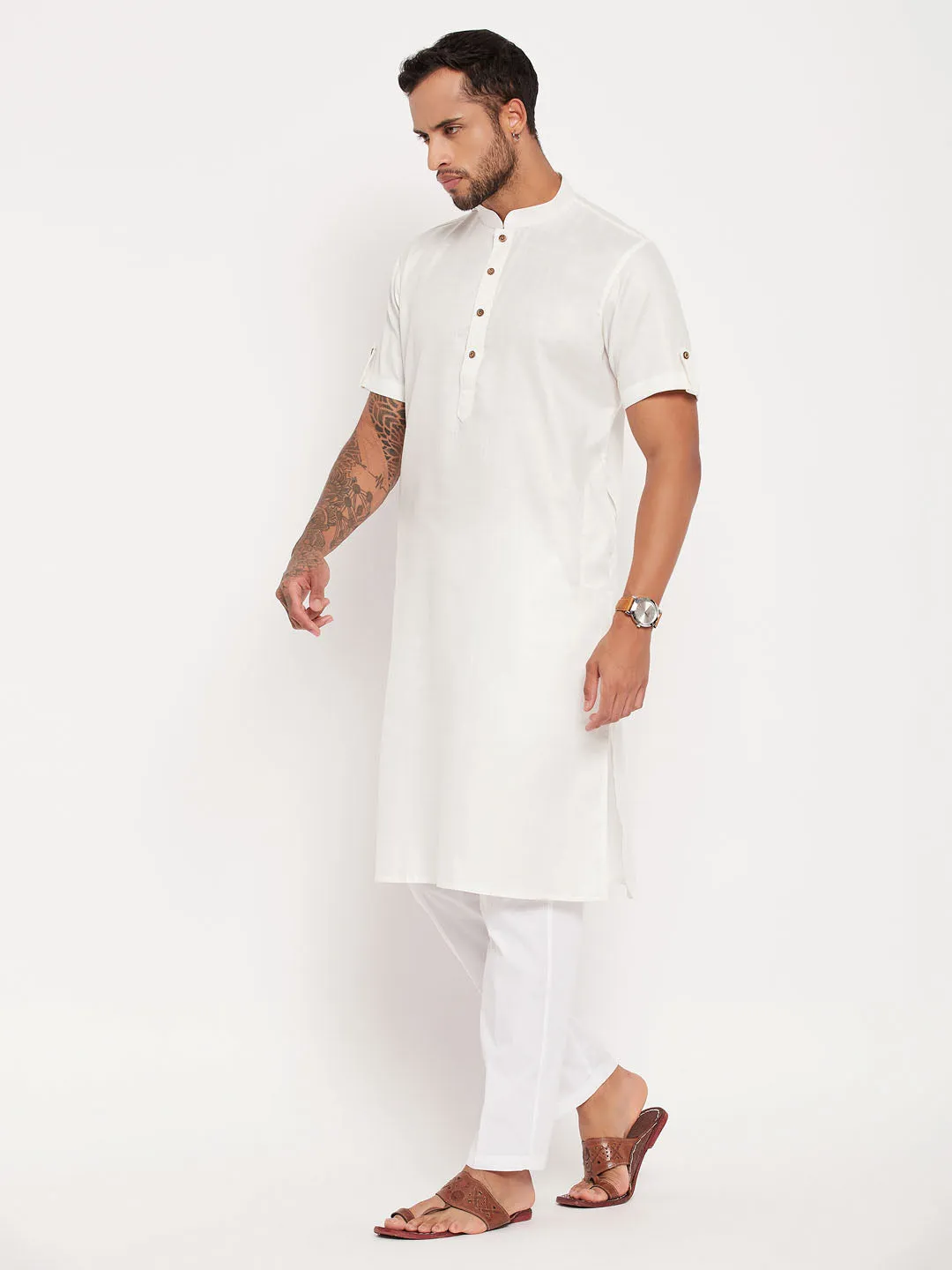 VASTRAMAY Men's Cream Kurta with White Pyjama
