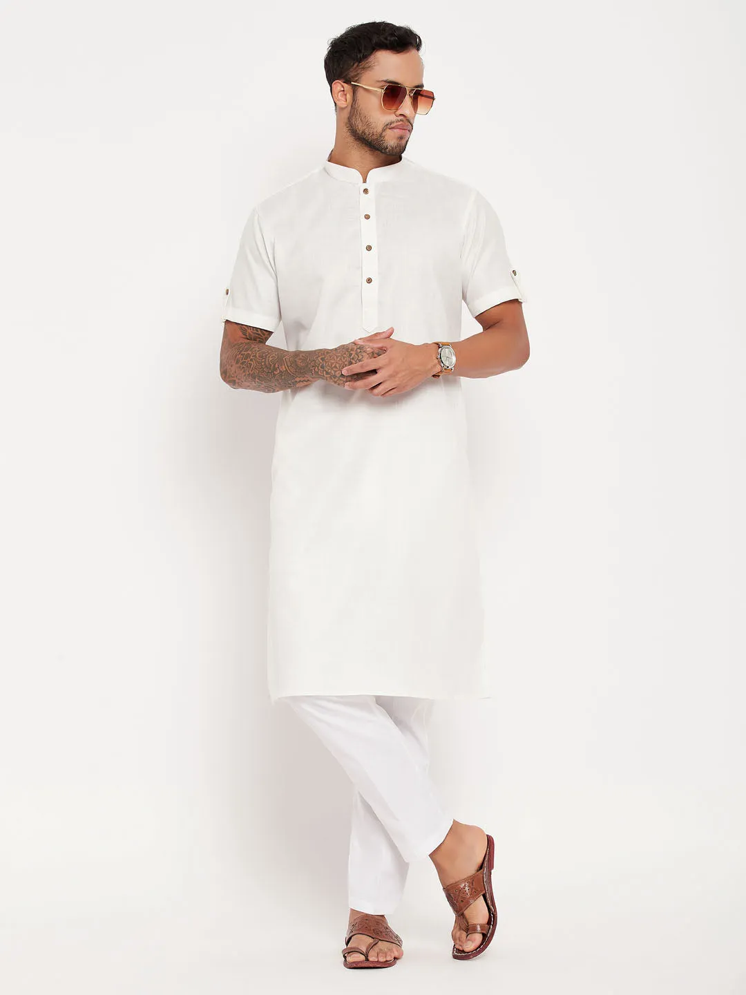 VASTRAMAY Men's Cream Kurta with White Pyjama