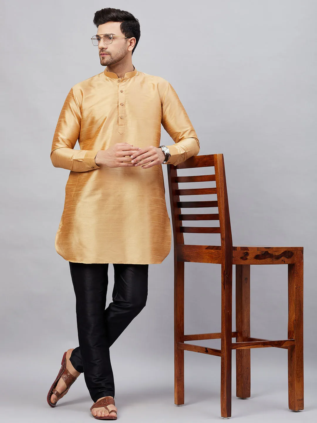VASTRAMAY Men's Rose Gold Silk Blend Kurta