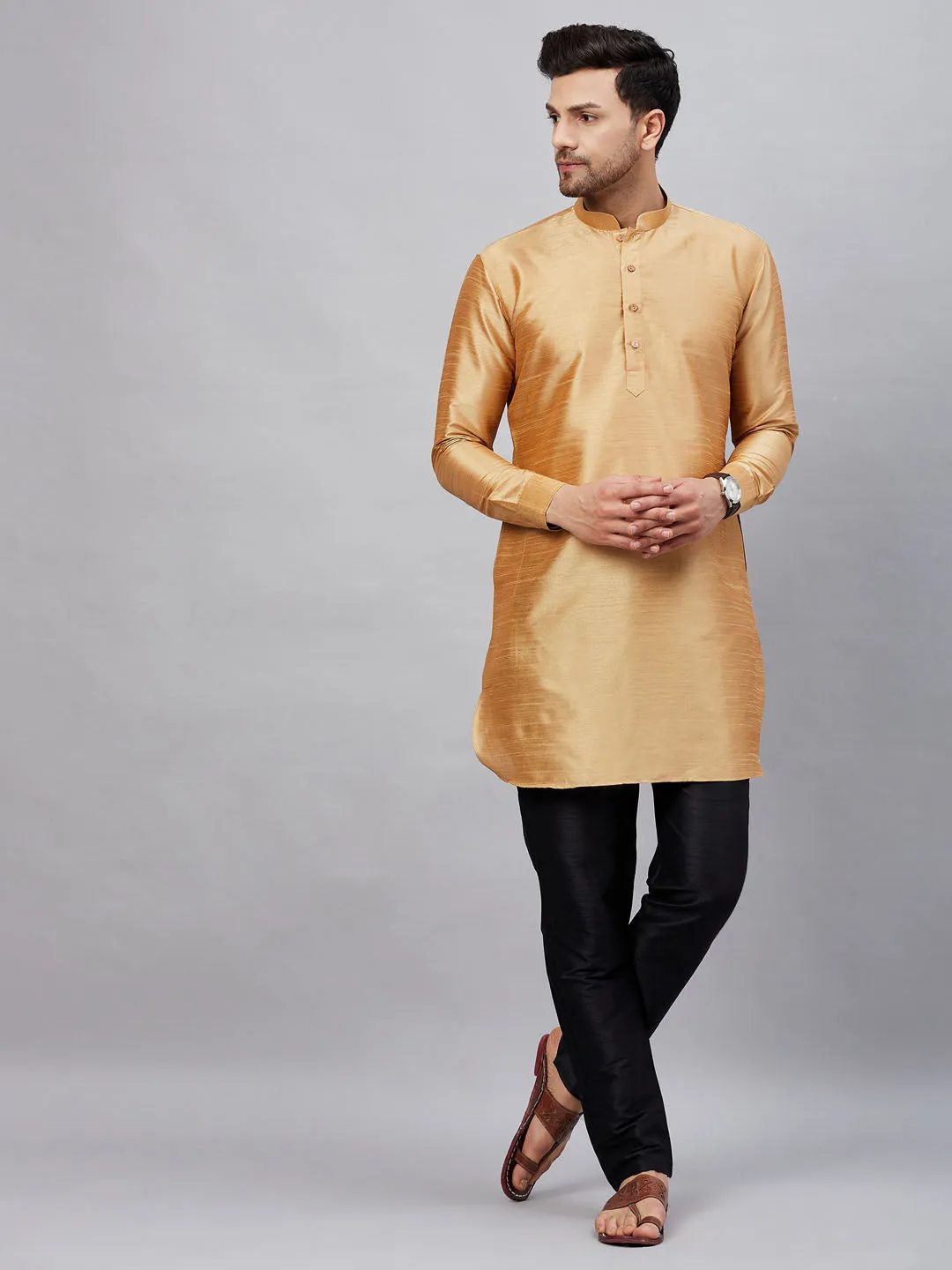 VASTRAMAY Men's Rose Gold Silk Blend Kurta