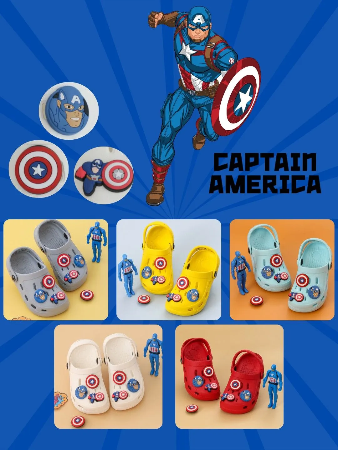Yellow Bee Boys’ Marvel Captain America Clogs with Shield & Character Charms – Grey