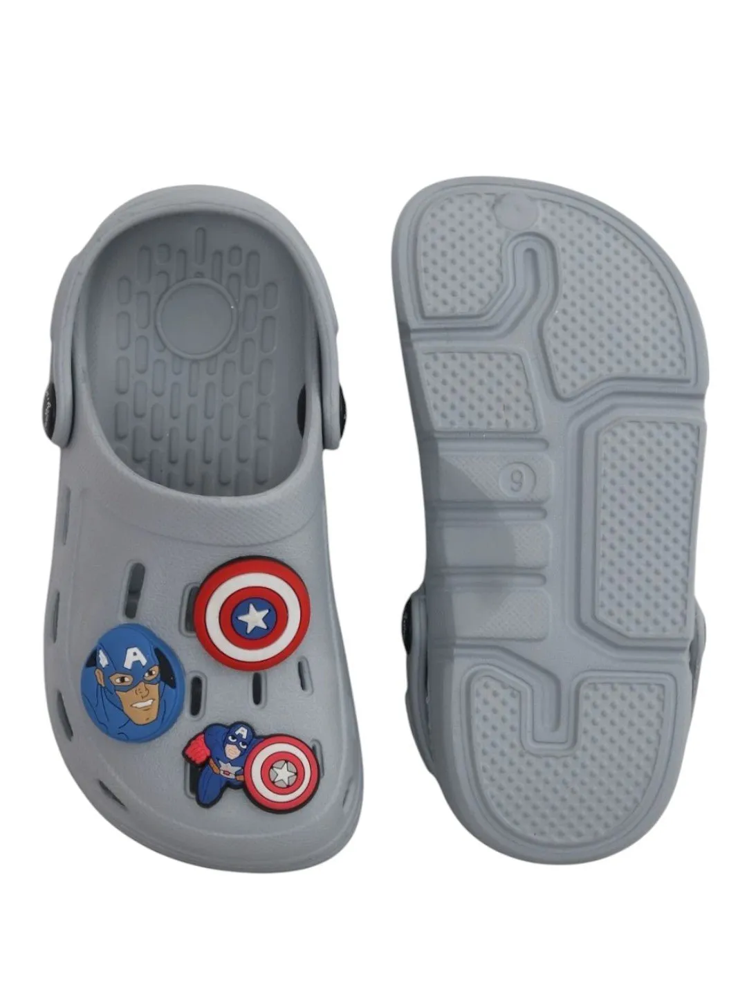 Yellow Bee Boys’ Marvel Captain America Clogs with Shield & Character Charms – Grey