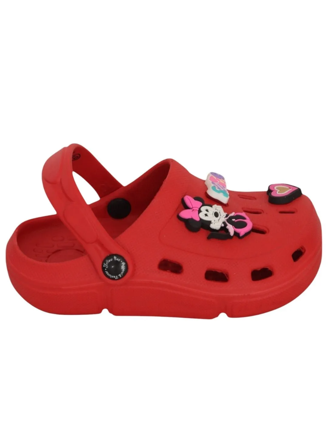 Yellow Bee Girls’ Disney Minnie Mouse Clogs with Smile & Heart Charms – Red