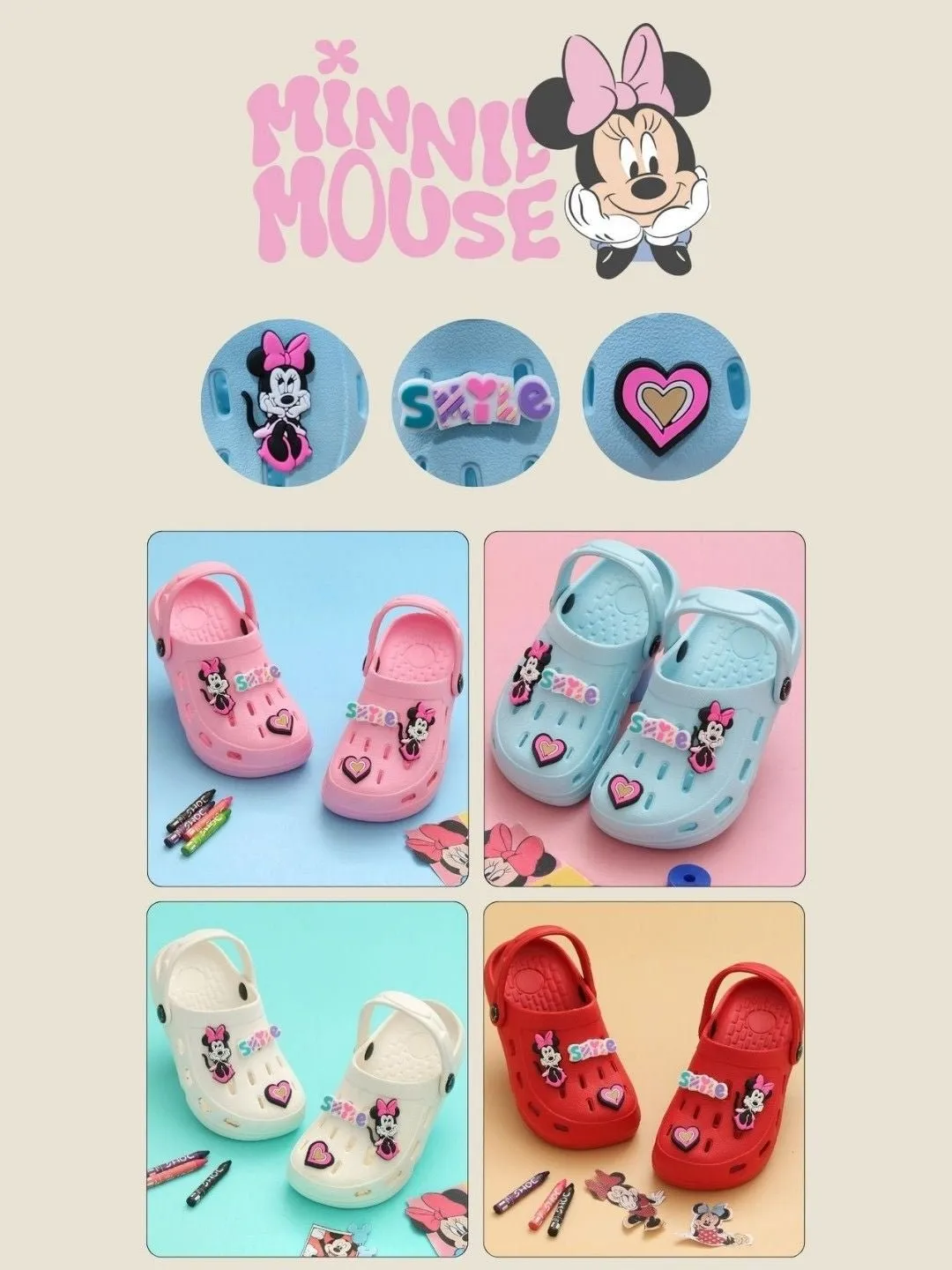 Yellow Bee Girls’ Disney Minnie Mouse Clogs with Smile & Heart Charms – Red