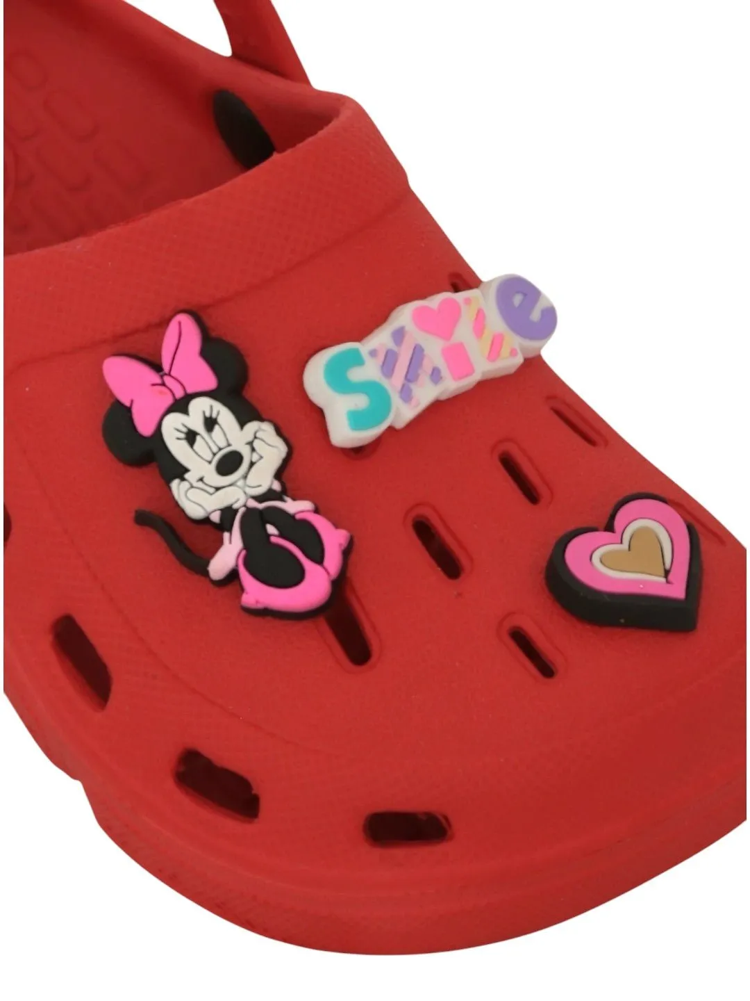Yellow Bee Girls’ Disney Minnie Mouse Clogs with Smile & Heart Charms – Red